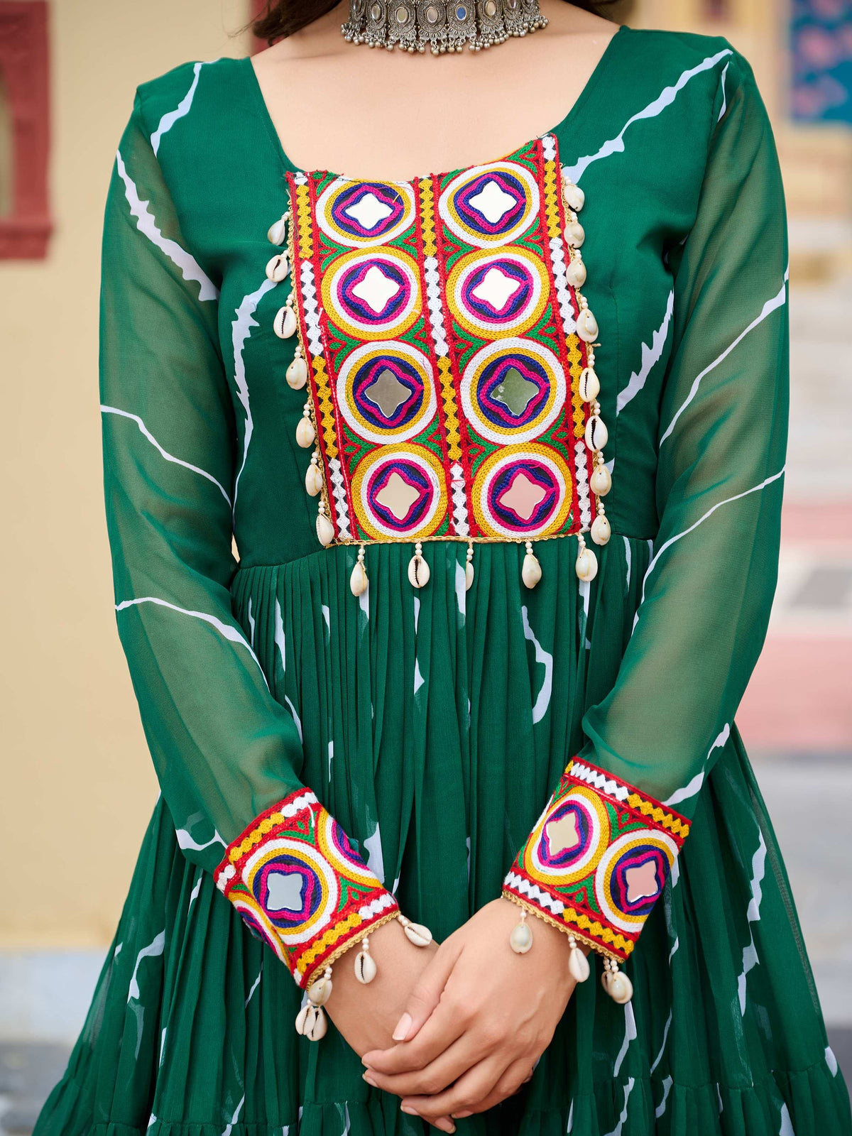 Ravishing Green Kutchi Patch Work Georgette Navratri Special Gown - Zeel Clothing