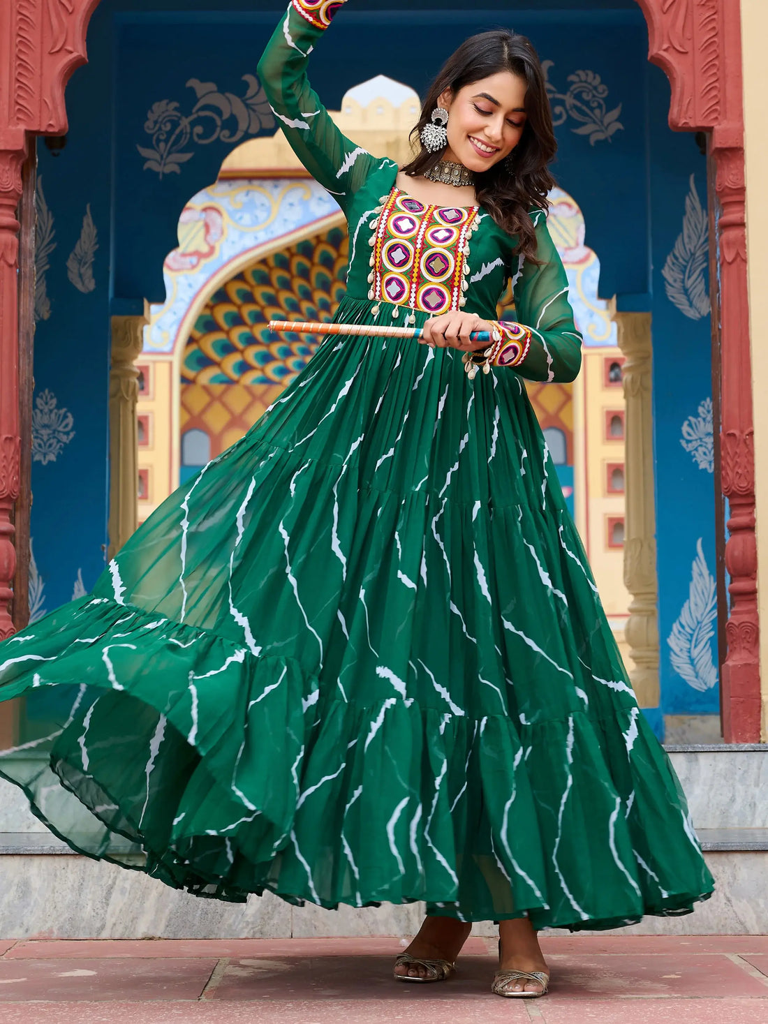 Ravishing Green Kutchi Patch Work Georgette Navratri Special Gown - Zeel Clothing