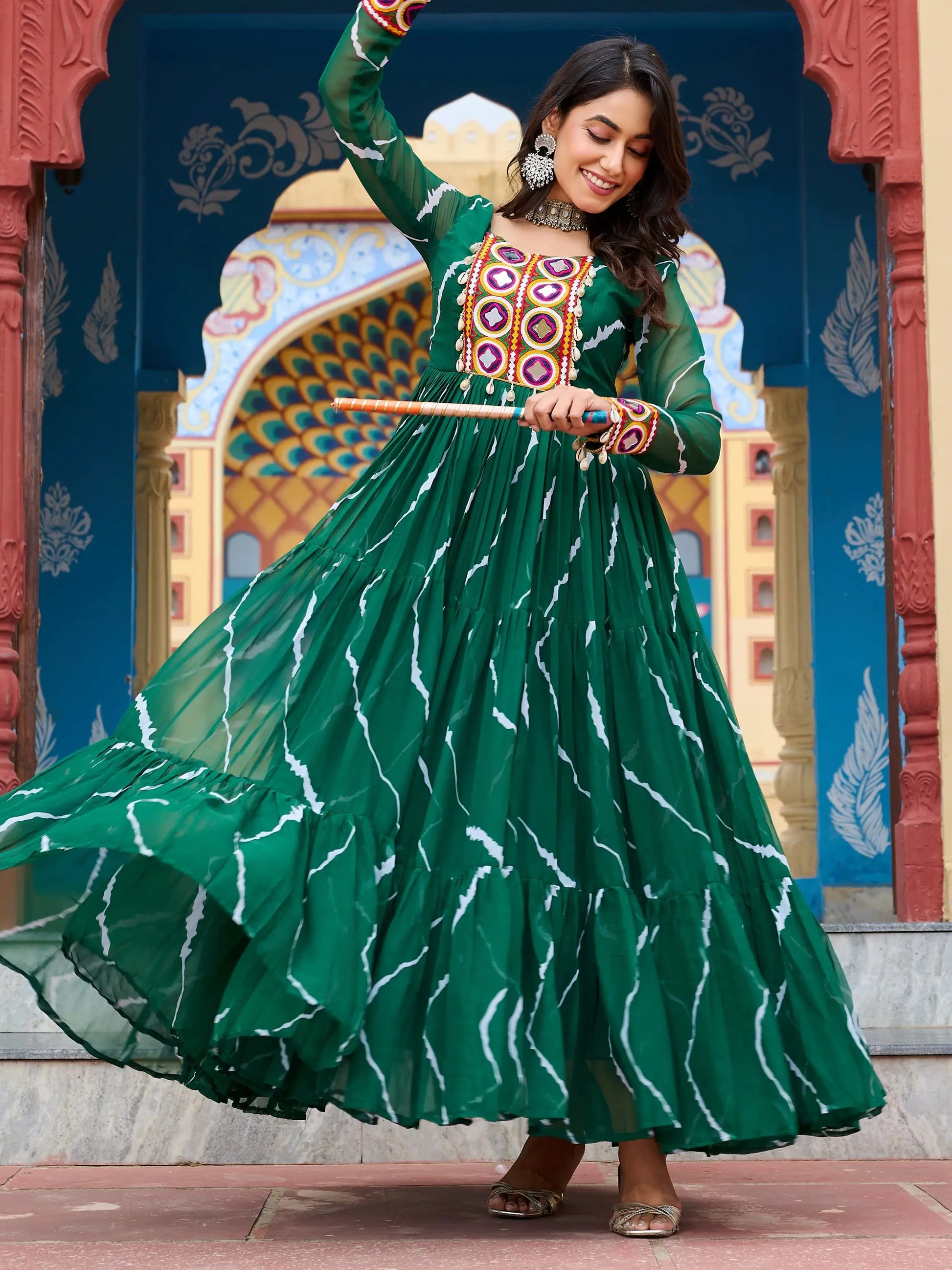 Ravishing Green Kutchi Patch Work Georgette Navratri Special Gown - Zeel Clothing