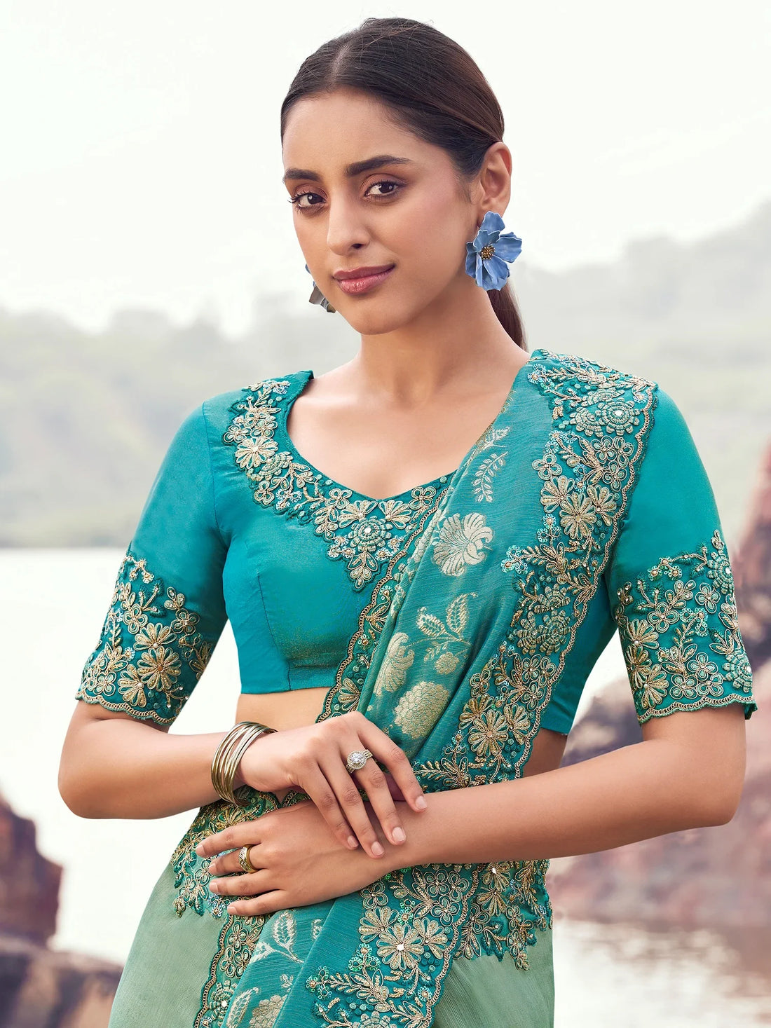 Ravishing Green Sequins Work Tissue Mehendi Wear Saree With Blouse