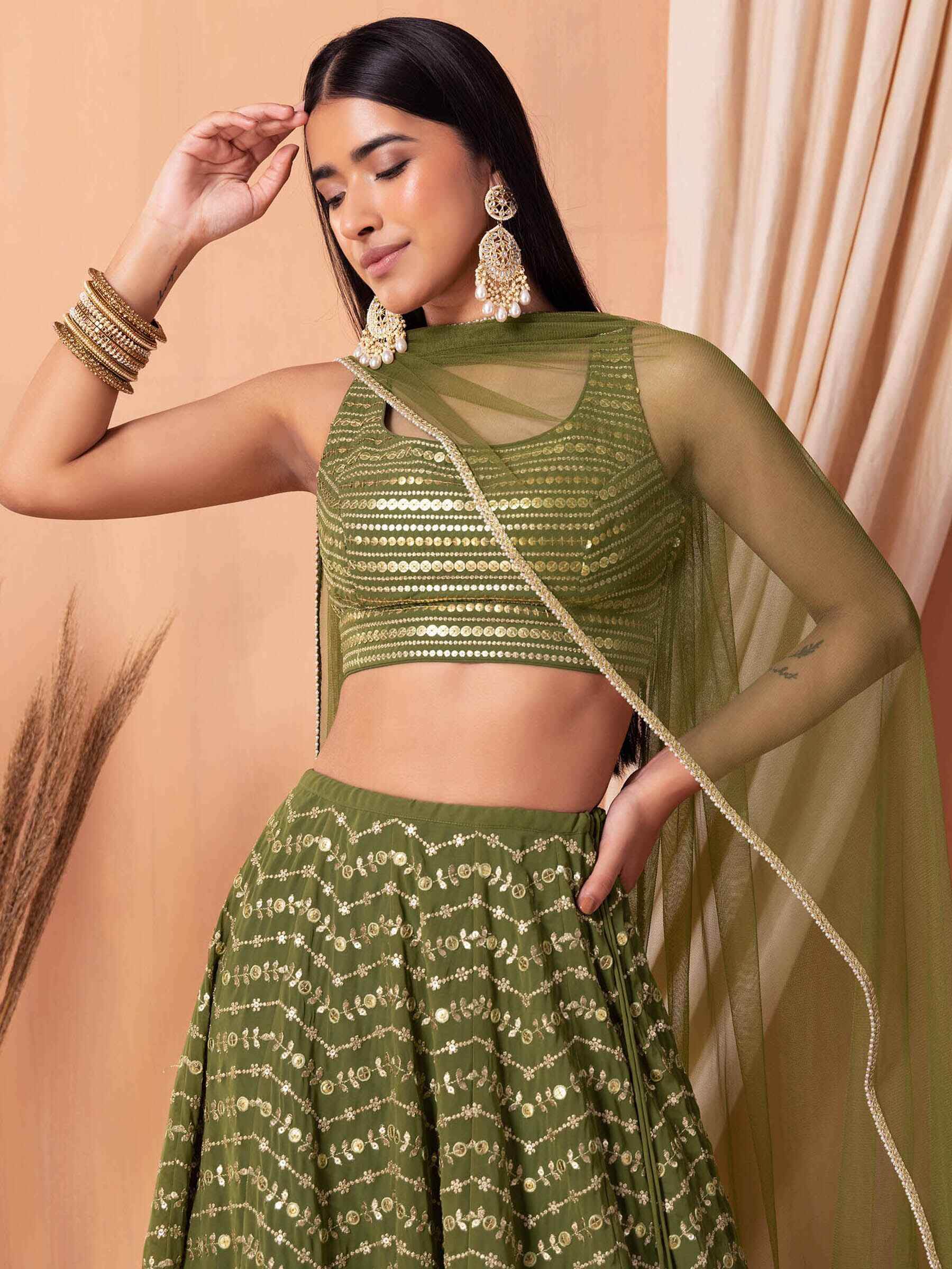 Ravishing Green Zari Embroidery Georgette Mehendi Wear Lehenga Choli - Zeel Clothing
