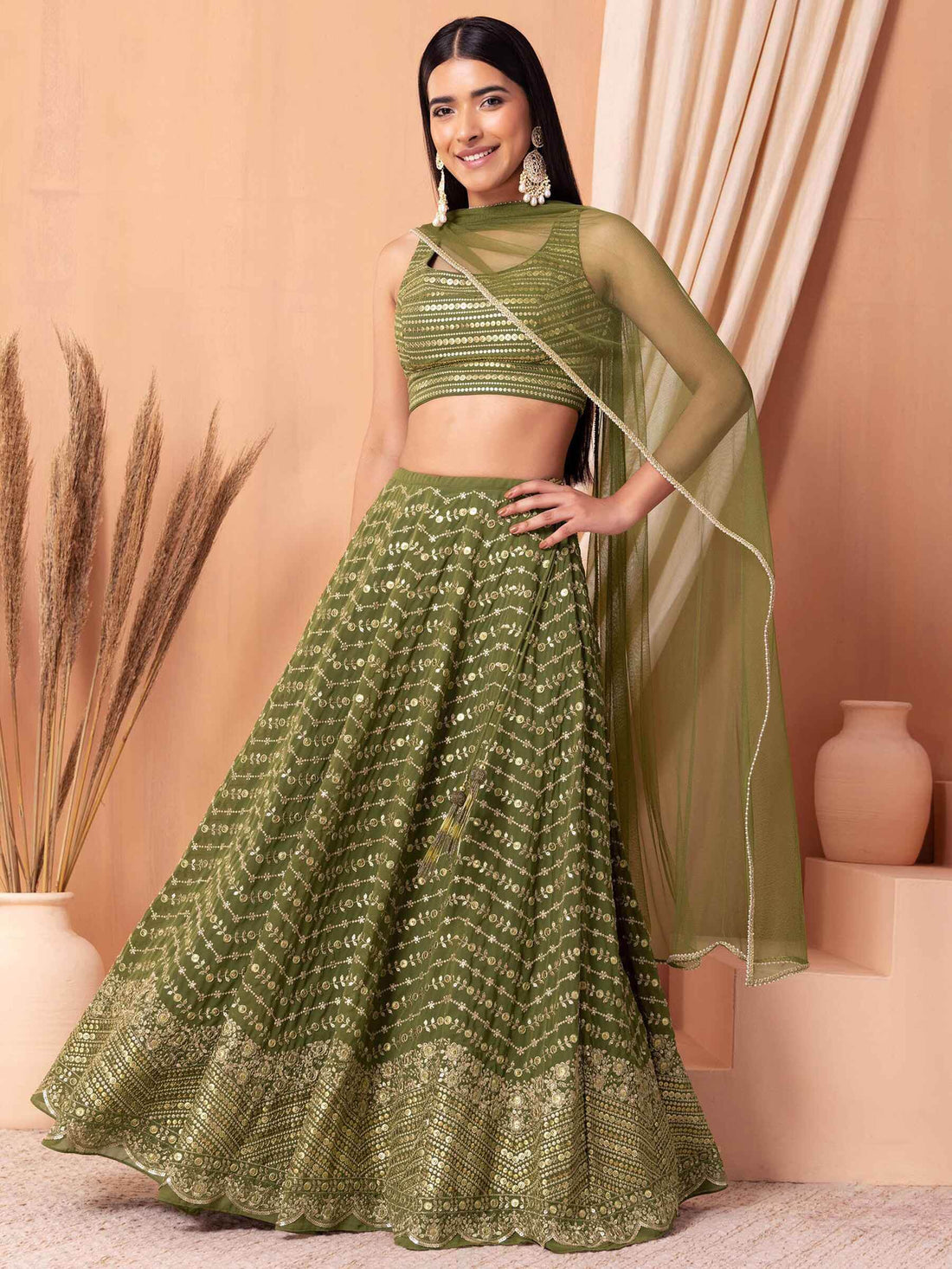 Ravishing Green Zari Embroidery Georgette Mehendi Wear Lehenga Choli - Zeel Clothing