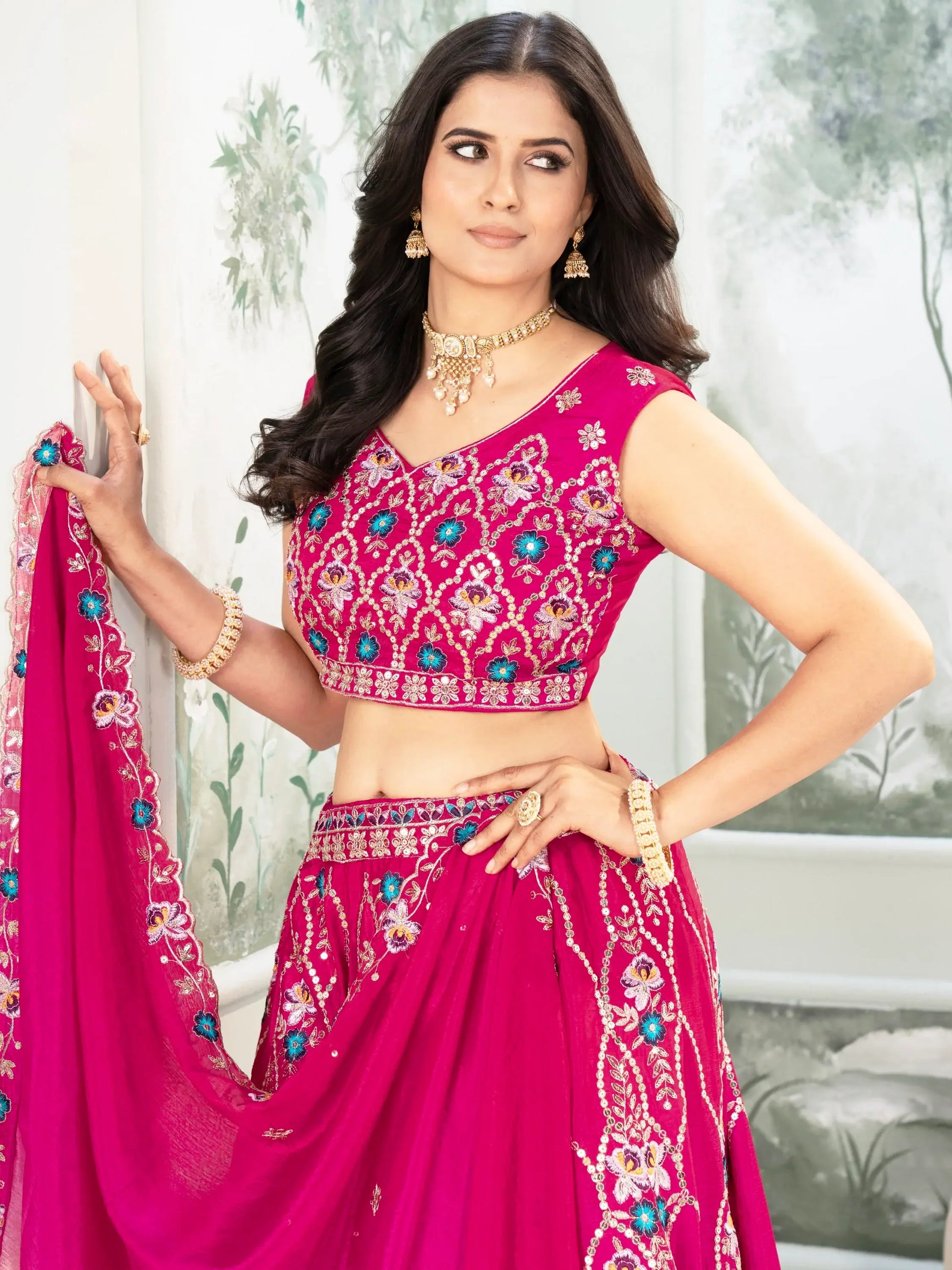 Ravishing Hot Pink Sequins Chinon Wedding Wear Lehenga Choli With Dupatta - Zeel Clothing