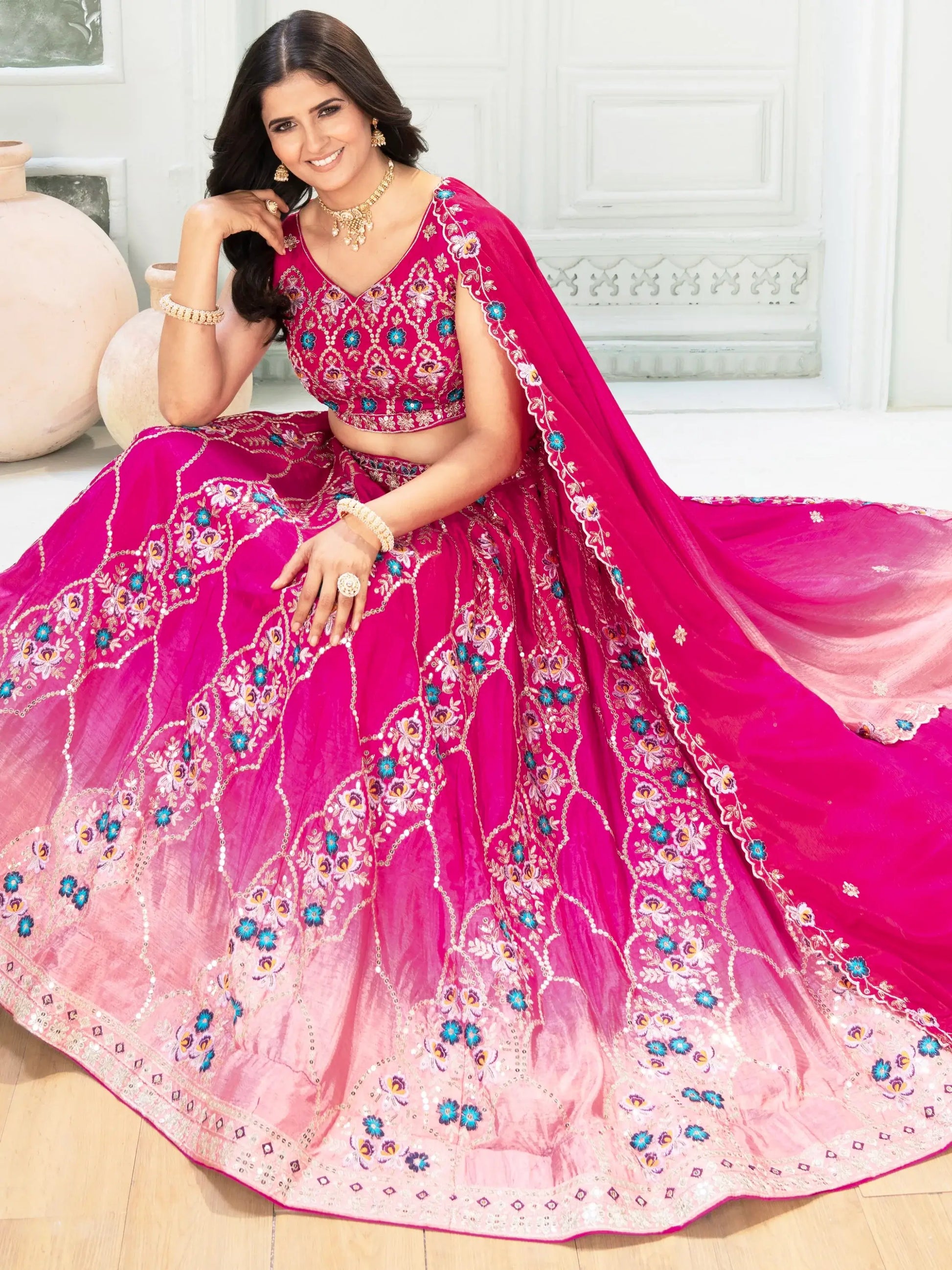 Ravishing Hot Pink Sequins Chinon Wedding Wear Lehenga Choli With Dupatta - Zeel Clothing