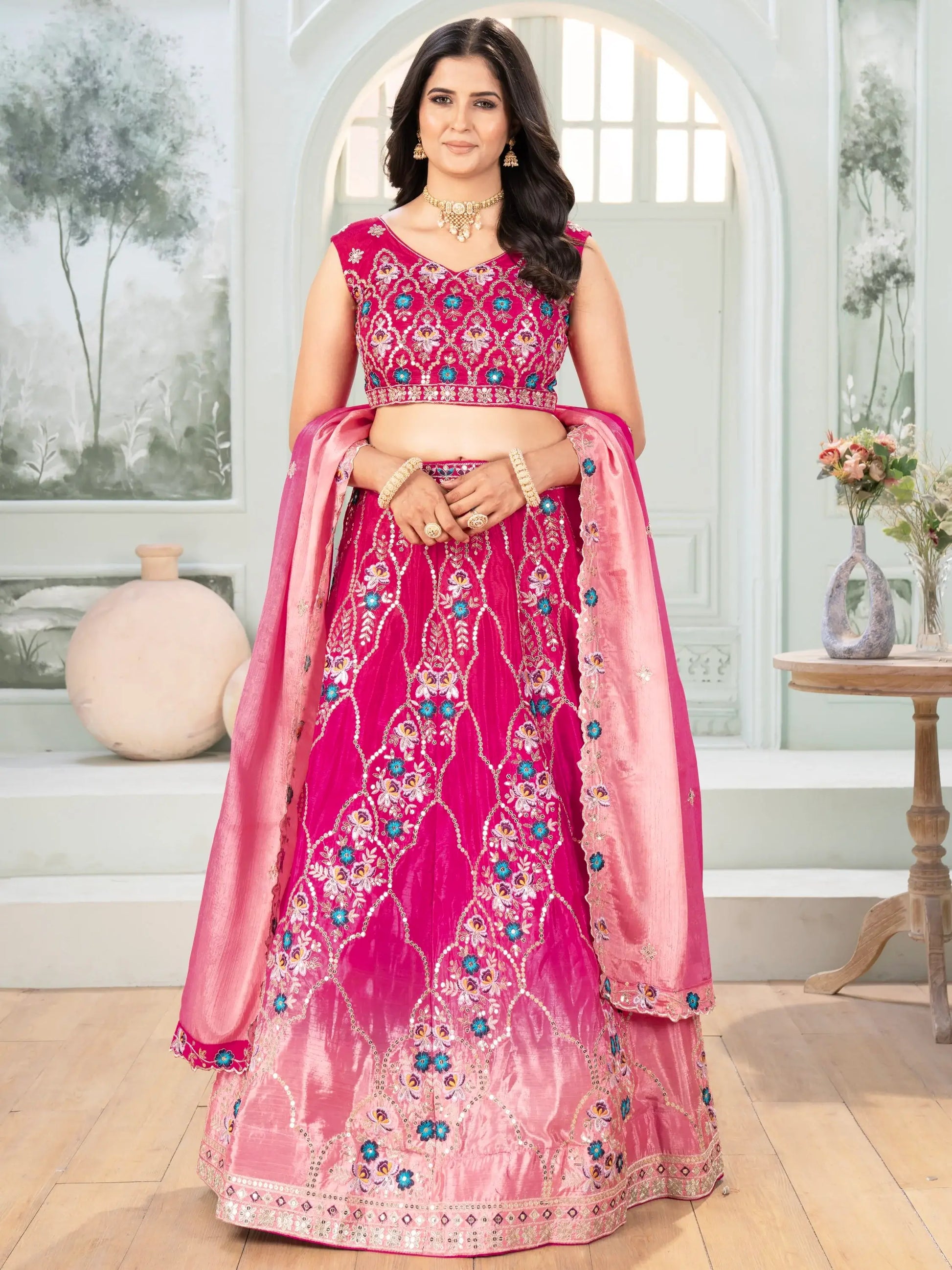 Ravishing Hot Pink Sequins Chinon Wedding Wear Lehenga Choli With Dupatta - Zeel Clothing