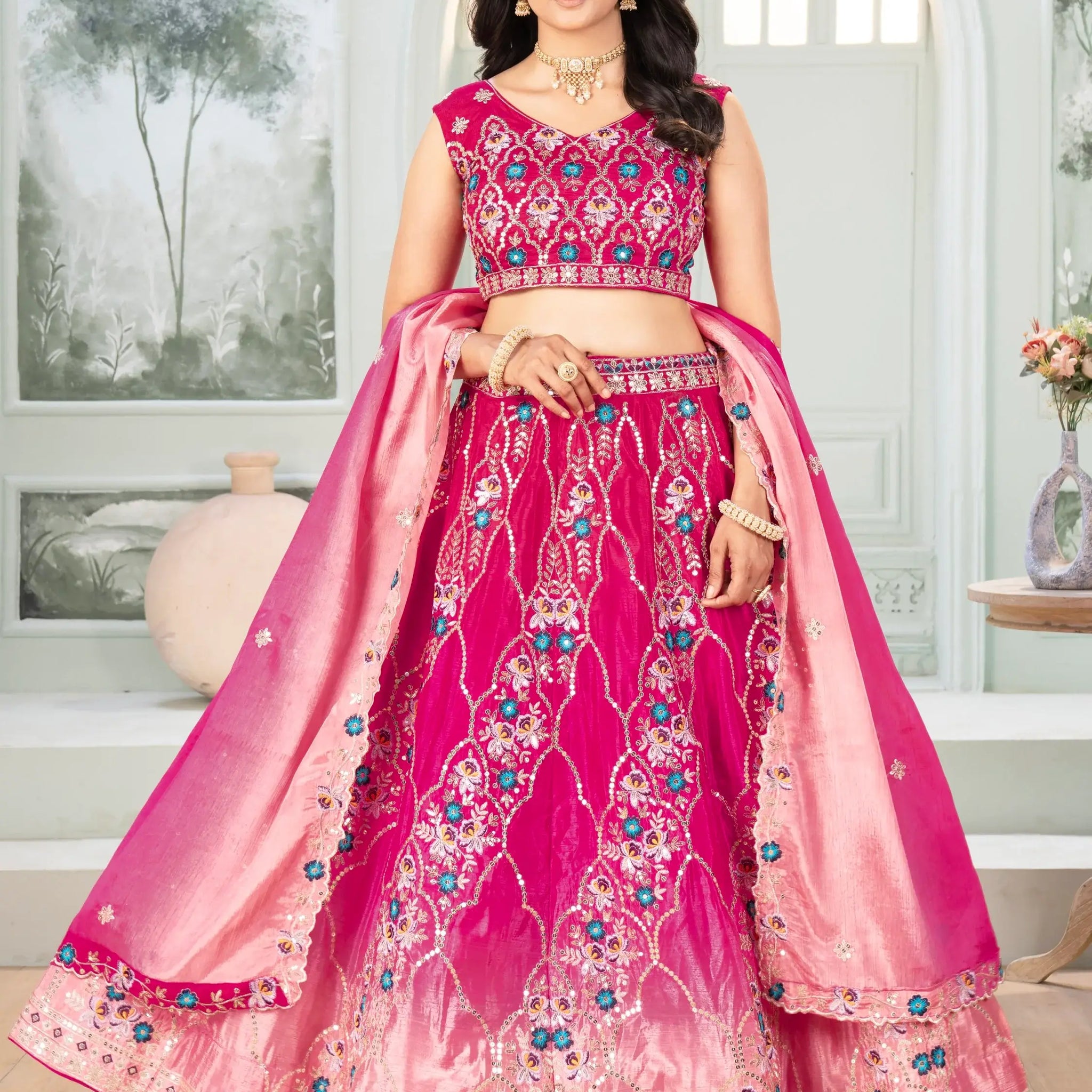 Ravishing Hot Pink Sequins Chinon Wedding Wear Lehenga Choli With Dupatta - Zeel Clothing