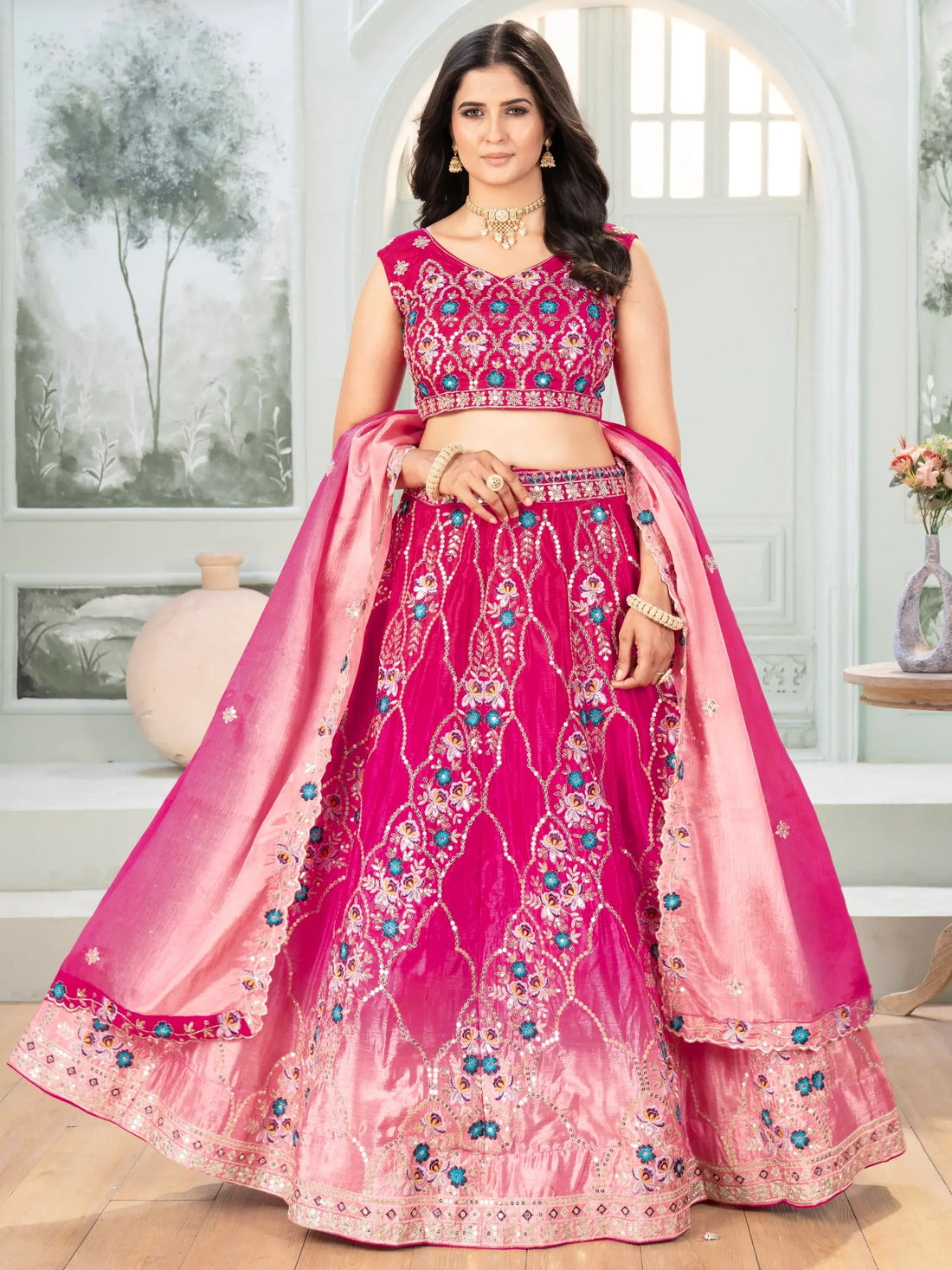 Ravishing Hot Pink Sequins Chinon Wedding Wear Lehenga Choli With Dupatta - Zeel Clothing