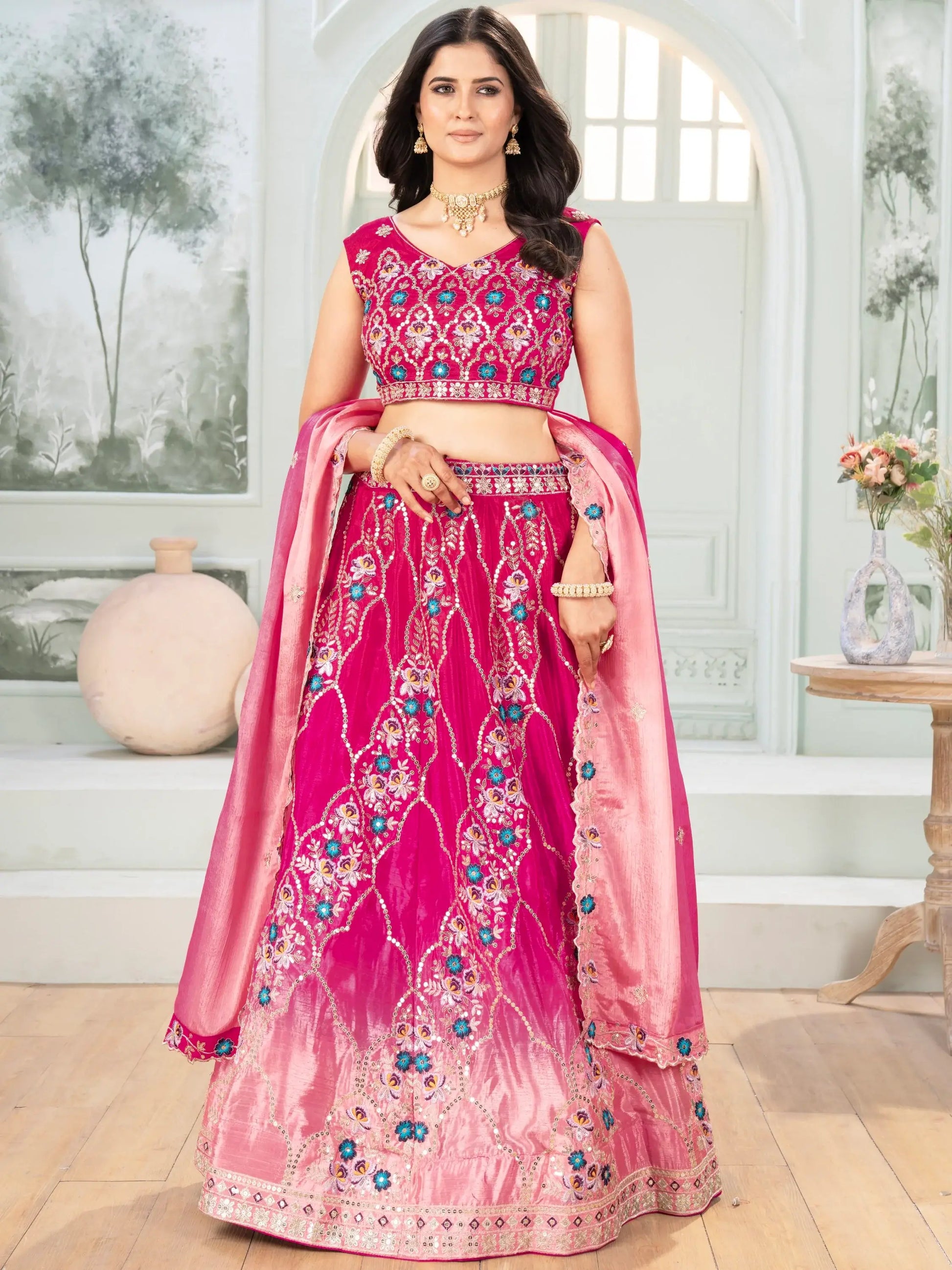 Ravishing Hot Pink Sequins Chinon Wedding Wear Lehenga Choli With Dupatta - Zeel Clothing