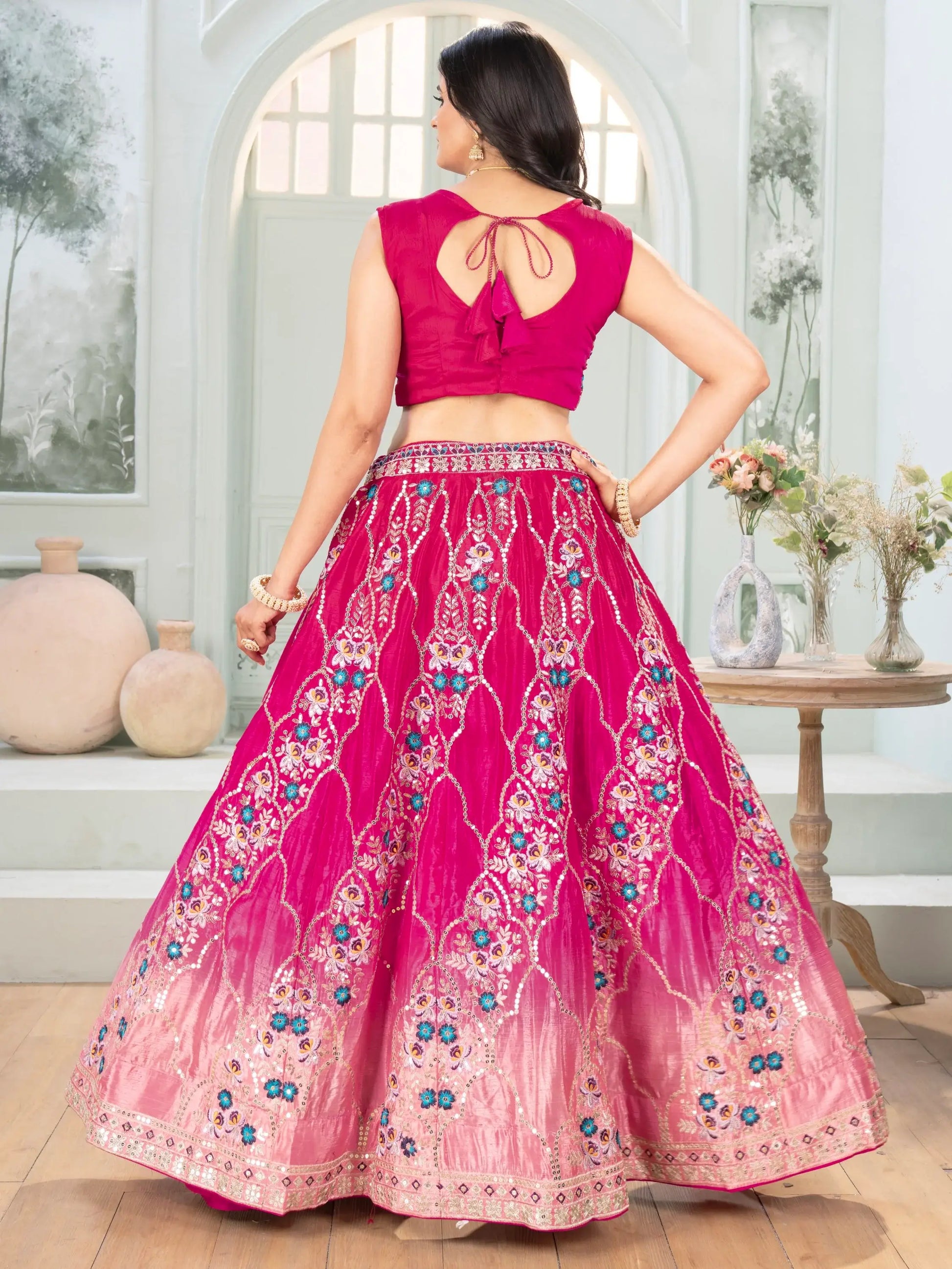 Ravishing Hot Pink Sequins Chinon Wedding Wear Lehenga Choli With Dupatta - Zeel Clothing