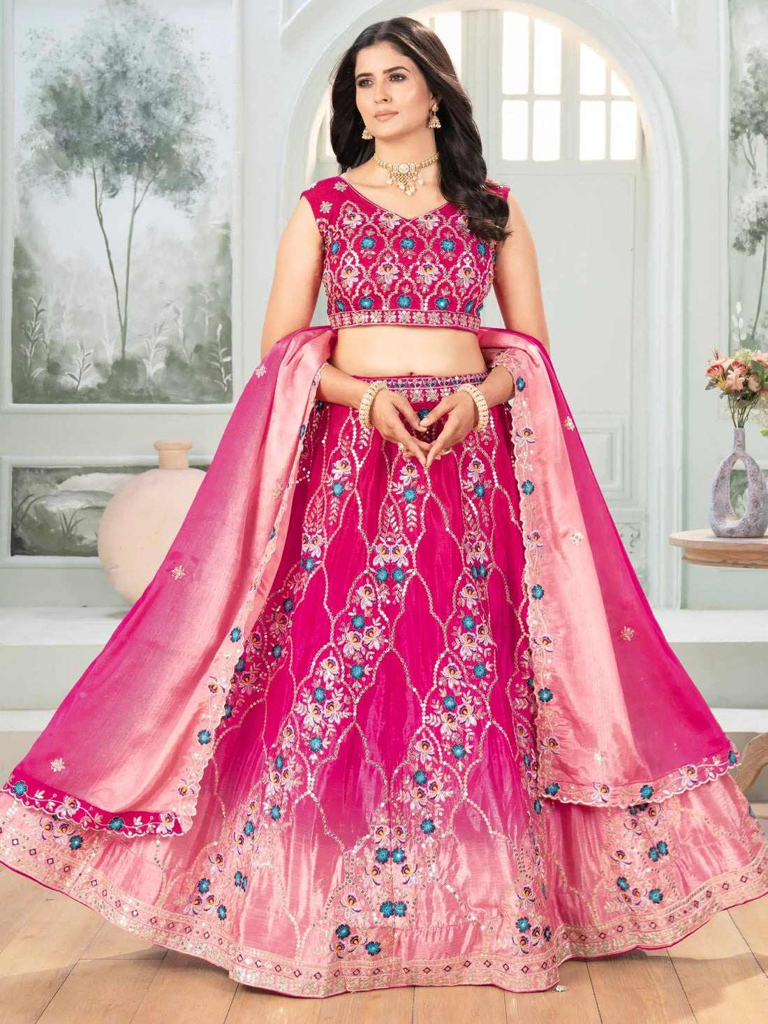 Ravishing Hot Pink Sequins Chinon Wedding Wear Lehenga Choli With Dupatta - Zeel Clothing