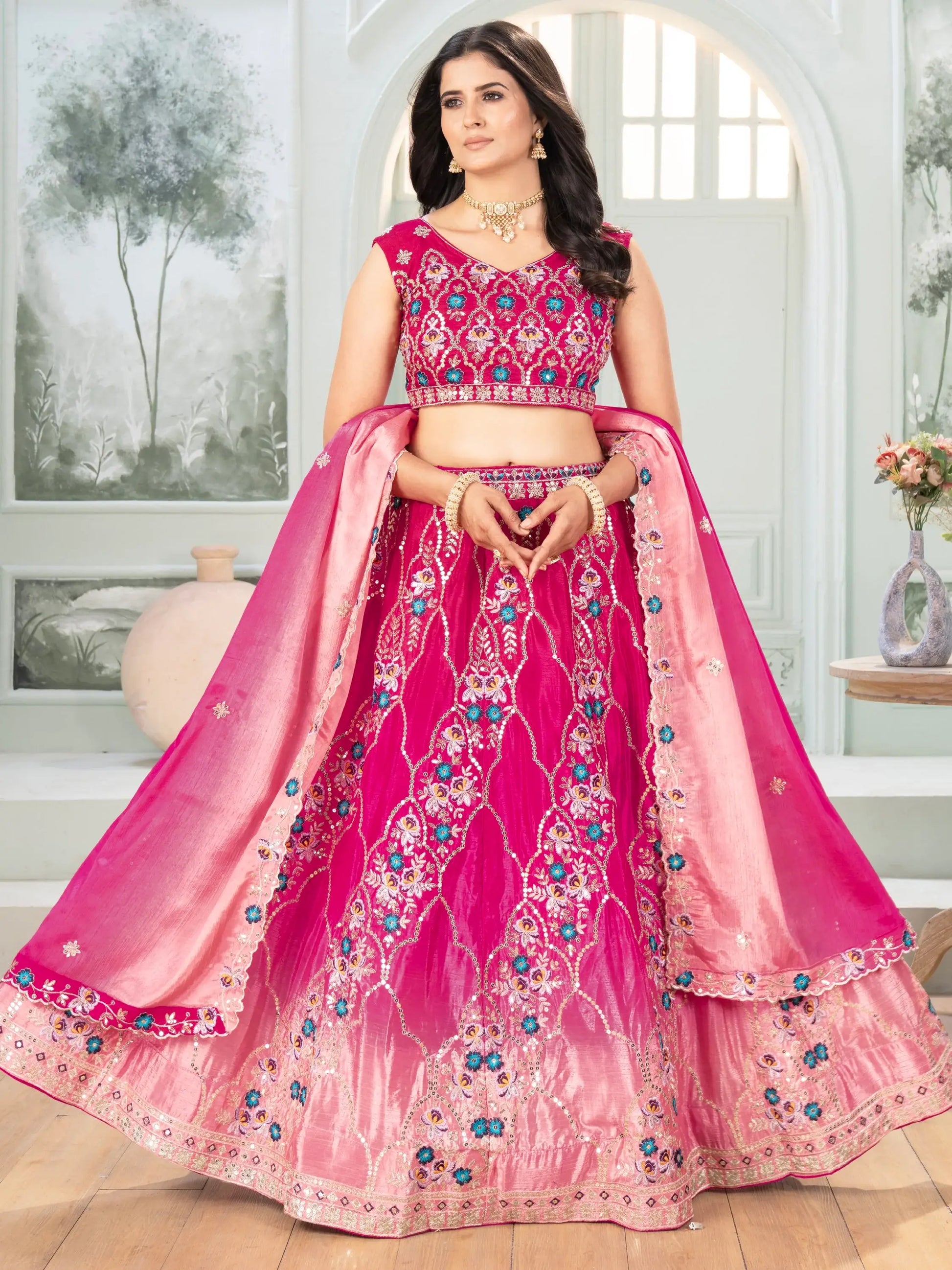 Ravishing Hot Pink Sequins Chinon Wedding Wear Lehenga Choli With Dupatta - Zeel Clothing