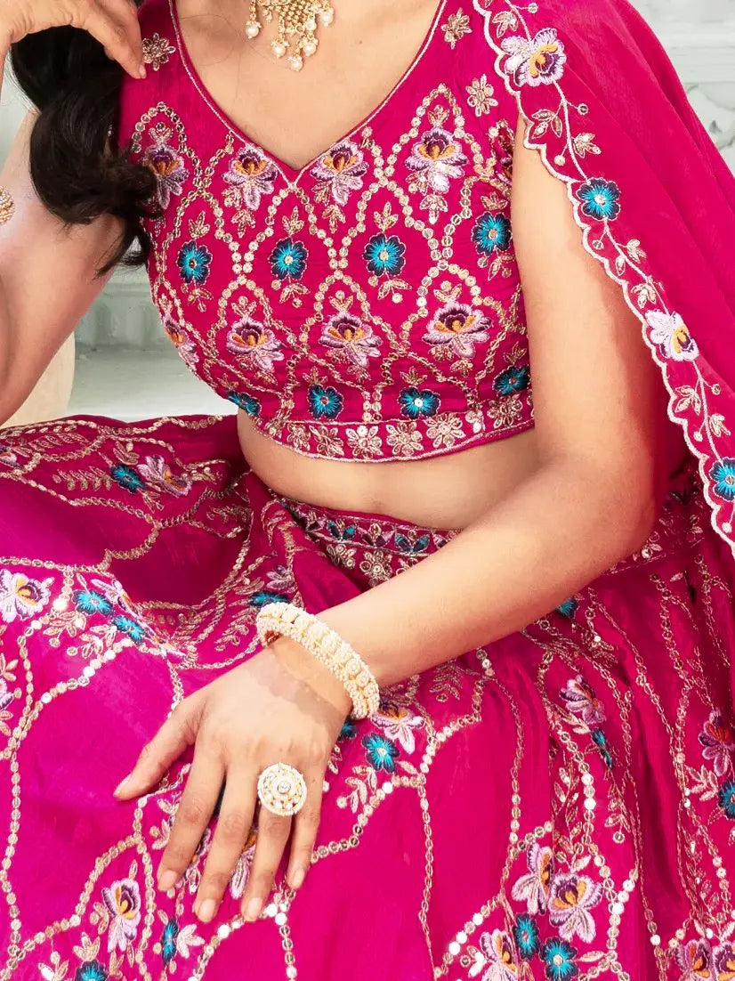 Ravishing Hot Pink Sequins Chinon Wedding Wear Lehenga Choli With Dupatta - Zeel Clothing