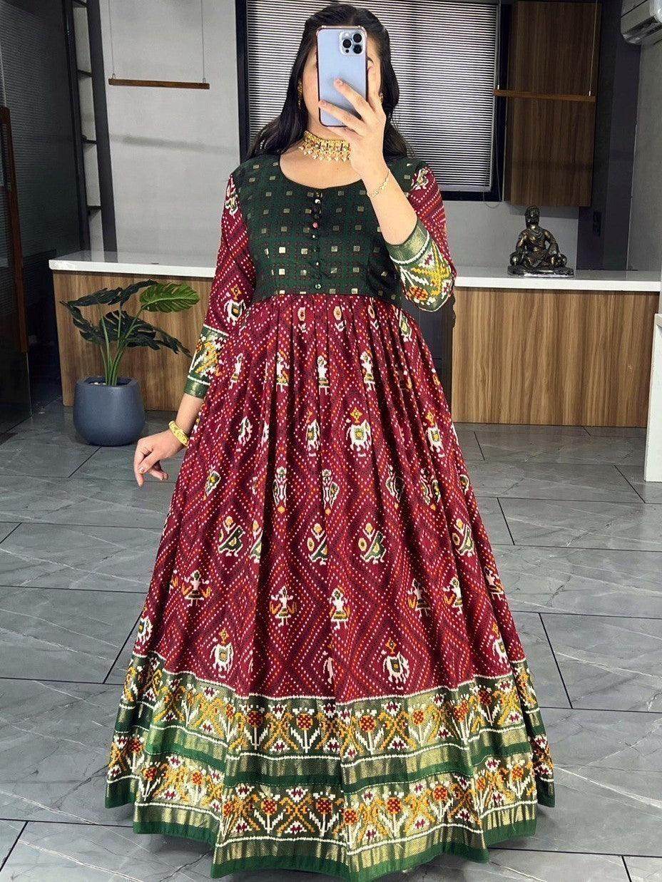 Ravishing Maroon Bandhani Printed Silk Function Wear Gown - Zeel Clothing