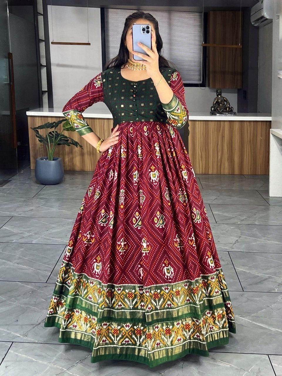 Ravishing Maroon Bandhani Printed Silk Function Wear Gown - Zeel Clothing