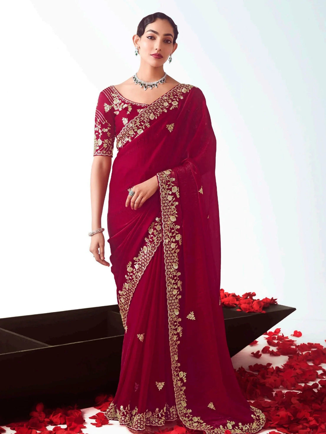 Ravishing Maroon Heavy Embroidered Organza Bridal Saree With Blouse - Zeel Clothing