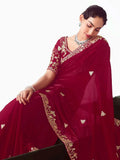 Ravishing Maroon Heavy Embroidered Organza Bridal Saree With Blouse - Zeel Clothing
