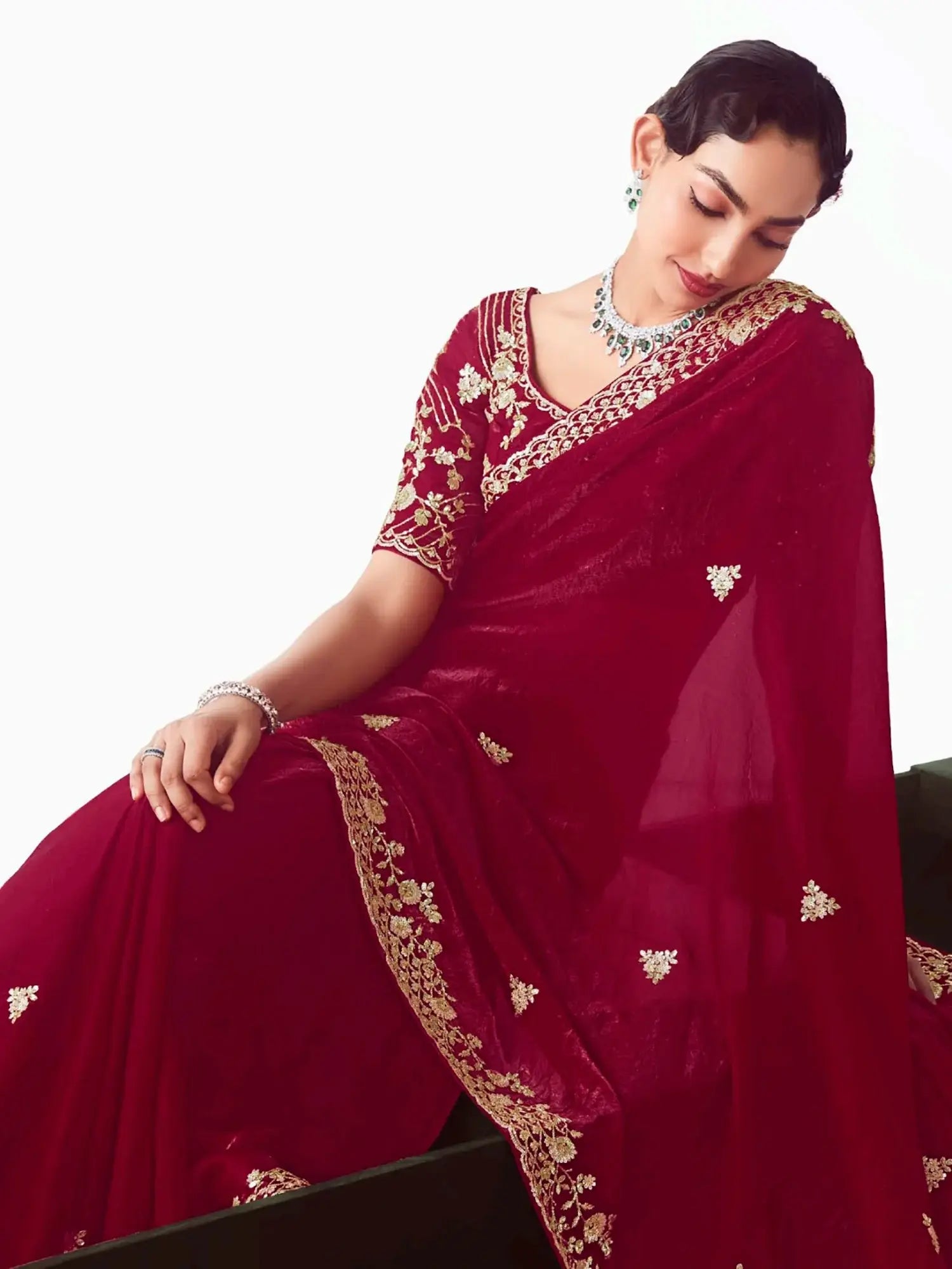 Ravishing Maroon Heavy Embroidered Organza Bridal Saree With Blouse - Zeel Clothing