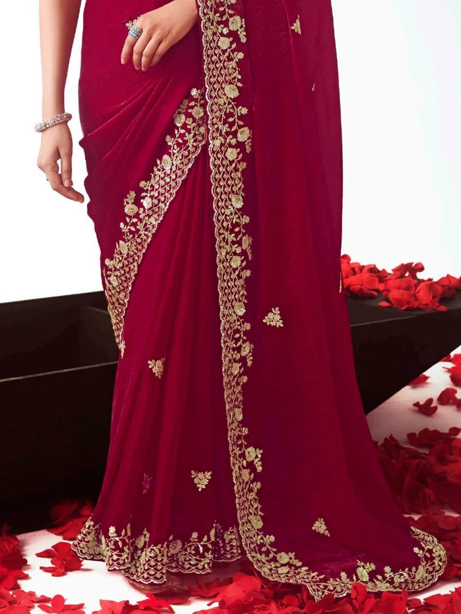 Ravishing Maroon Heavy Embroidered Organza Bridal Saree With Blouse - Zeel Clothing