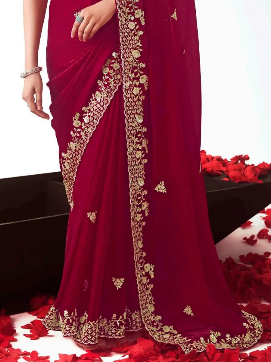 Ravishing Maroon Heavy Embroidered Organza Bridal Saree With Blouse - Zeel Clothing