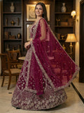 Ravishing Maroon Net Dori Embroidered Bridal Wear Lehenga Choli With Dupatta