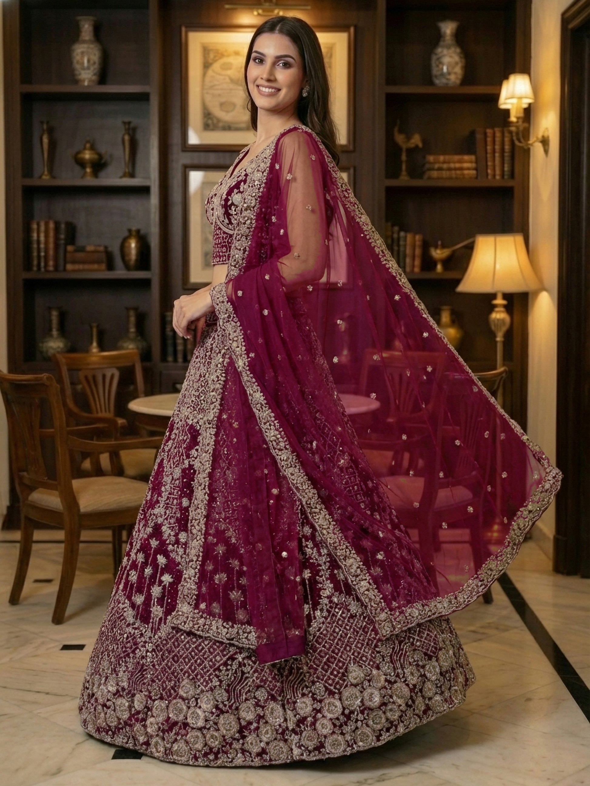 Ravishing Maroon Net Dori Embroidered Bridal Wear Lehenga Choli With Dupatta