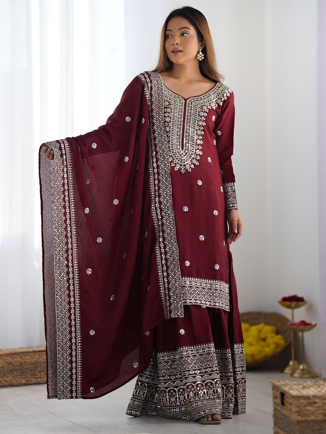 Ravishing Maroon Sequins Chinon Traditional Sharara Suit With Dupatta - Zeel Clothing