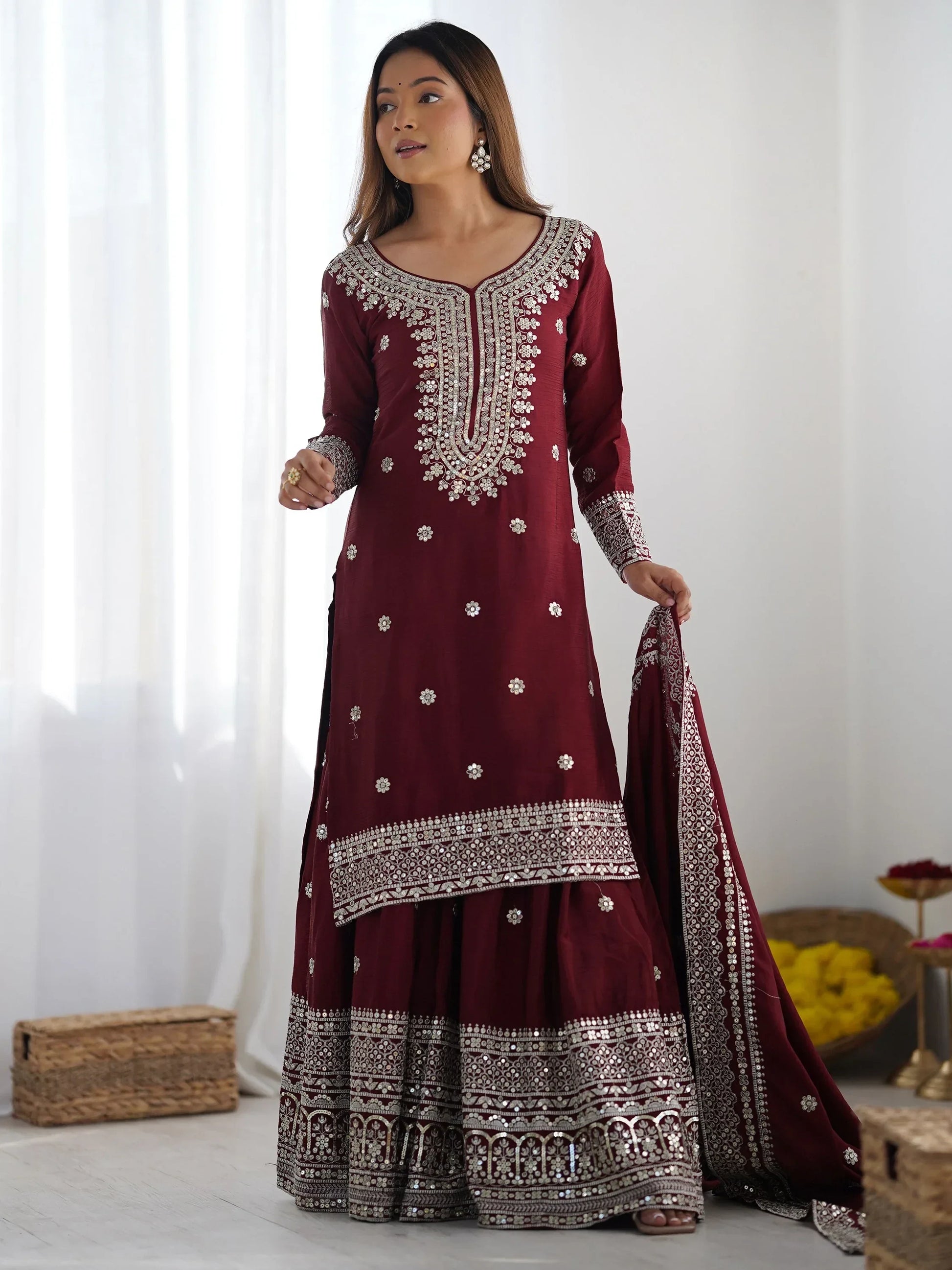 Ravishing Maroon Sequins Chinon Traditional Sharara Suit With Dupatta - Zeel Clothing