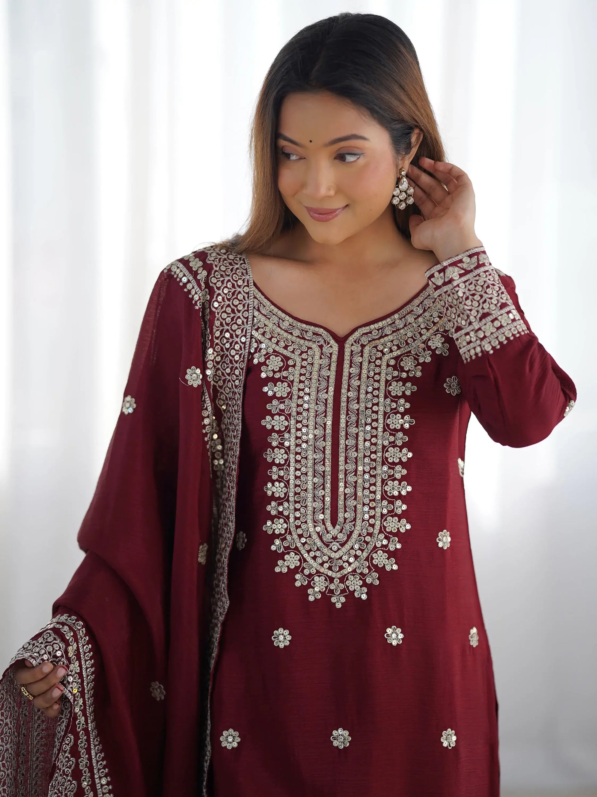 Ravishing Maroon Sequins Chinon Traditional Sharara Suit With Dupatta - Zeel Clothing