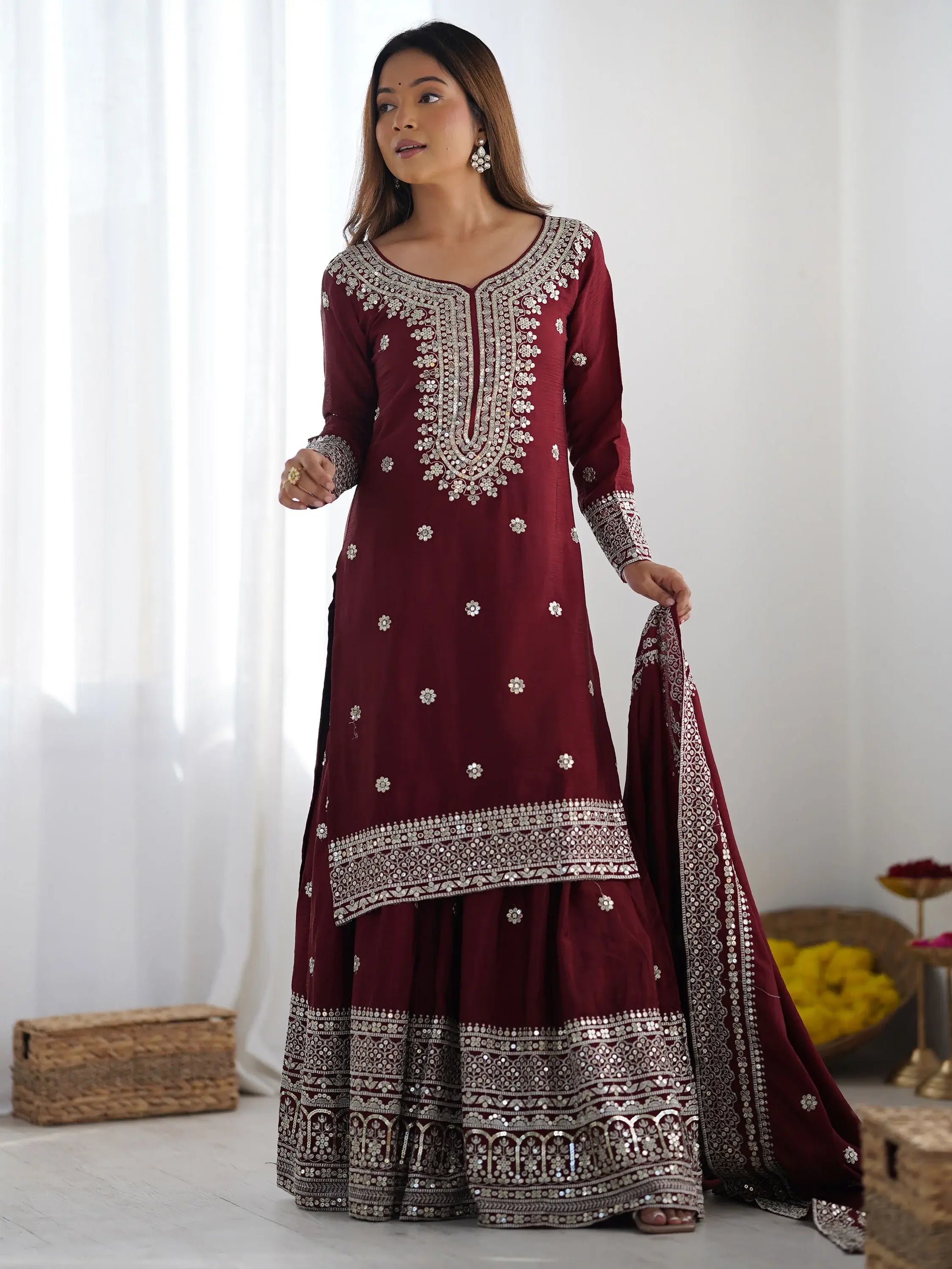 Ravishing Maroon Sequins Chinon Traditional Sharara Suit With Dupatta - Zeel Clothing