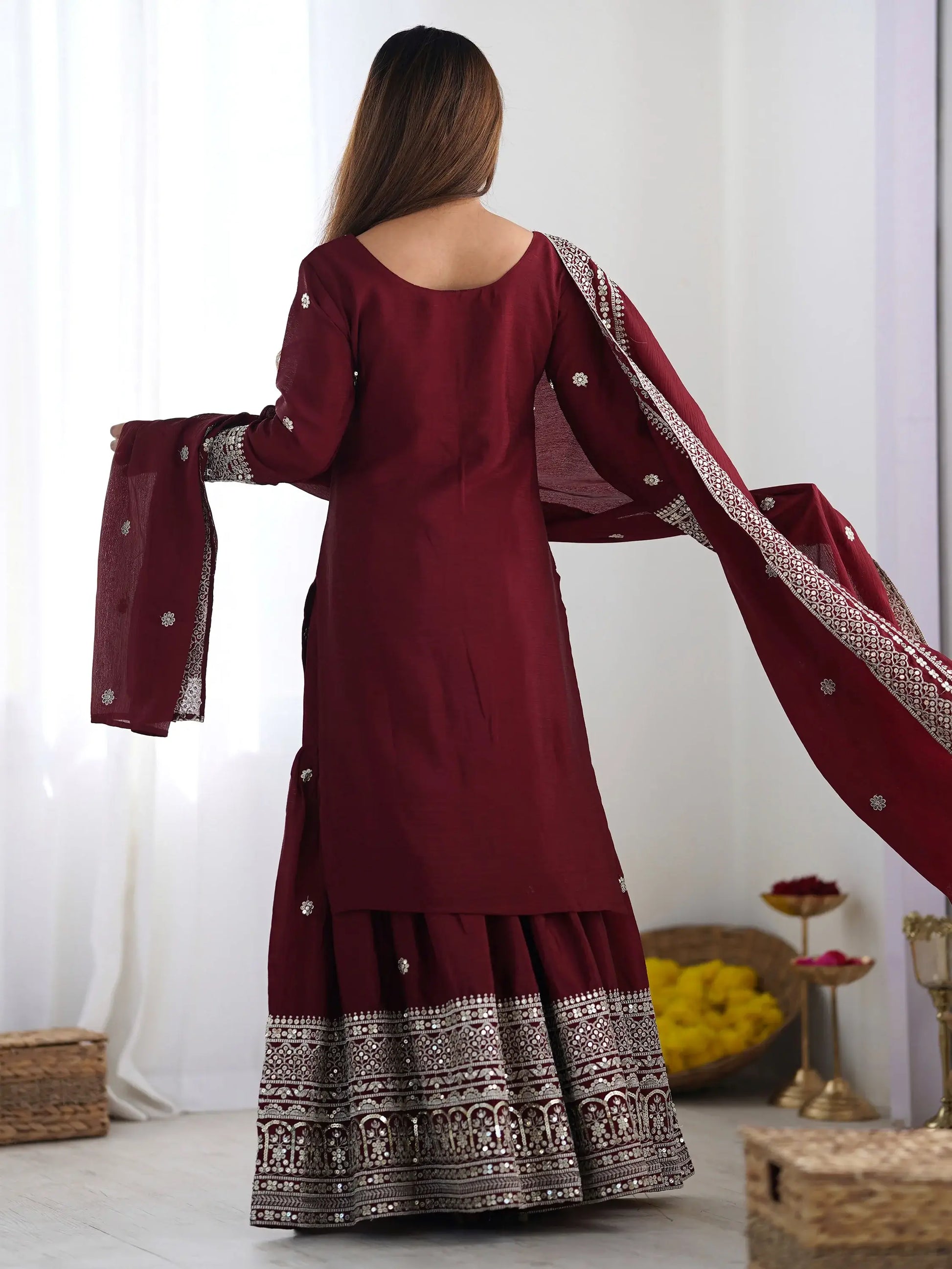 Ravishing Maroon Sequins Chinon Traditional Sharara Suit With Dupatta - Zeel Clothing