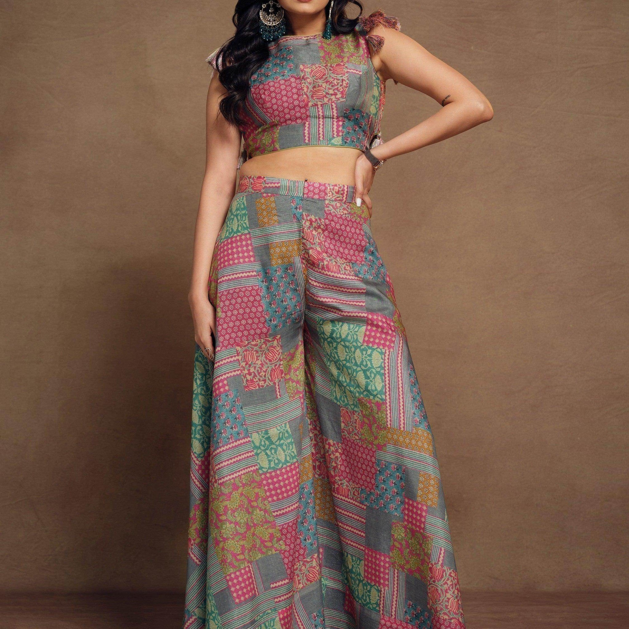 Ravishing Multi-Color Printed Muslin Silk Party Wear Crop Top Palazzo - Zeel Clothing