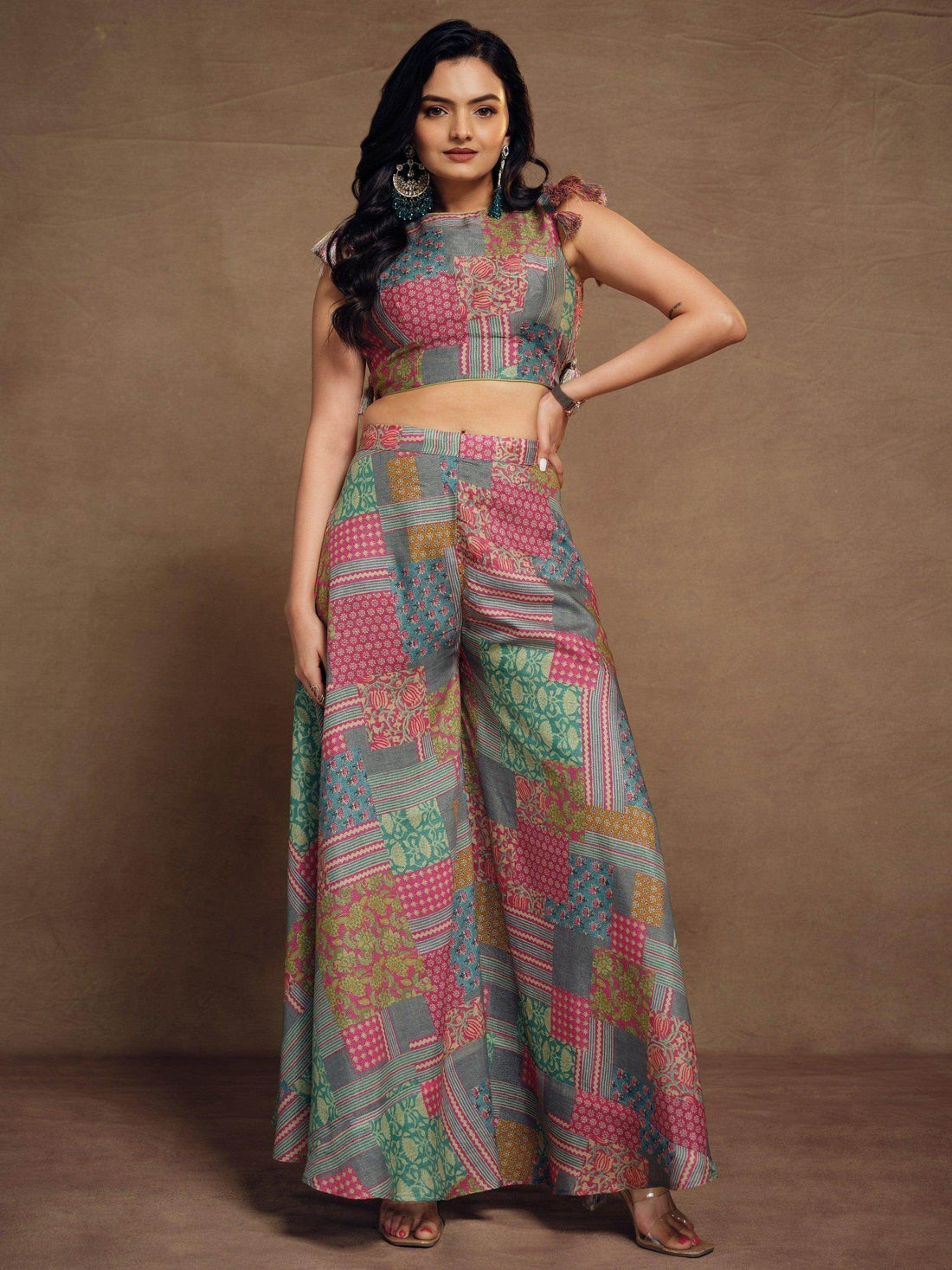 Ravishing Multi-Color Printed Muslin Silk Party Wear Crop Top Palazzo - Zeel Clothing