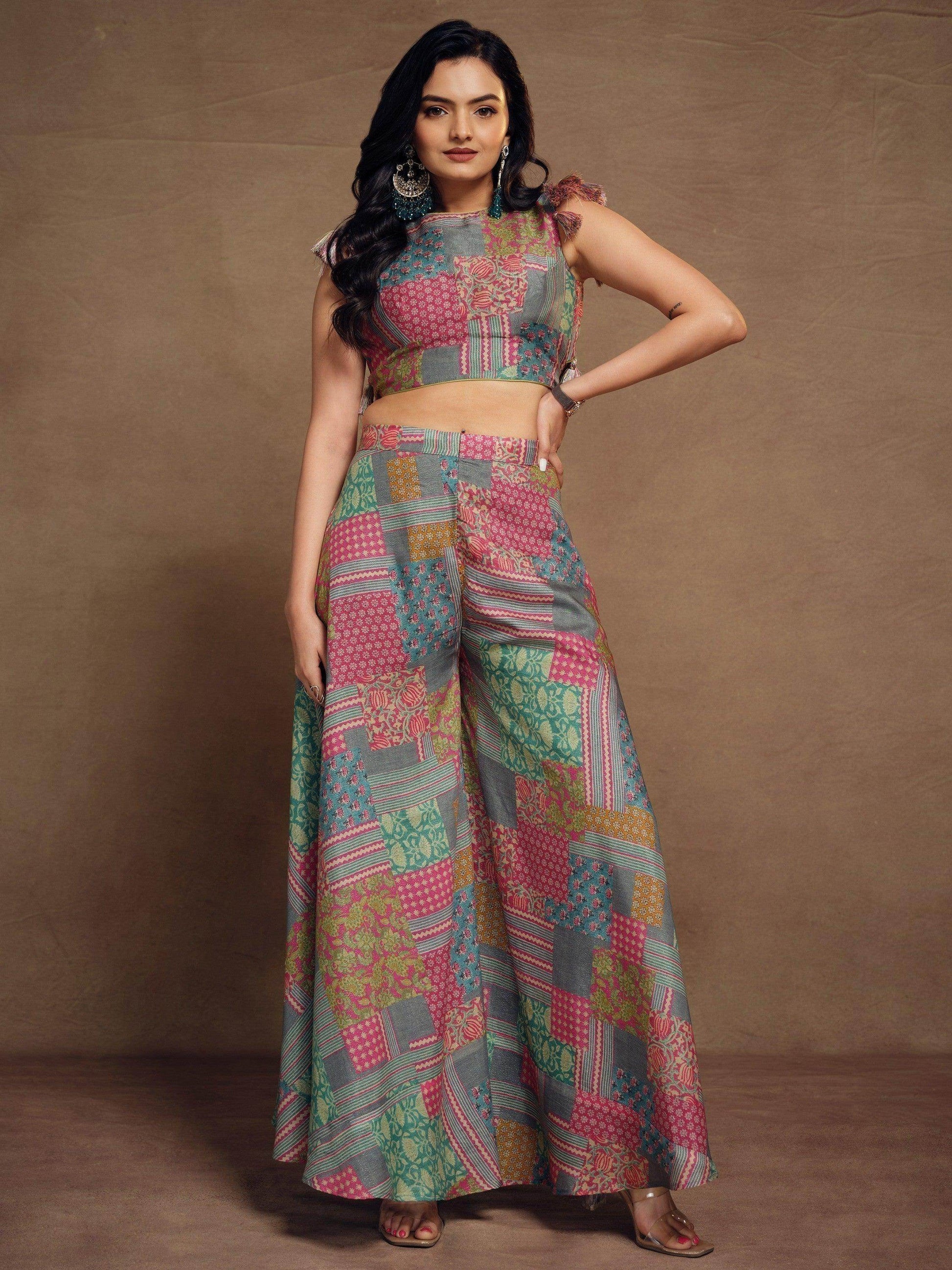 Ravishing Multi-Color Printed Muslin Silk Party Wear Crop Top Palazzo - Zeel Clothing