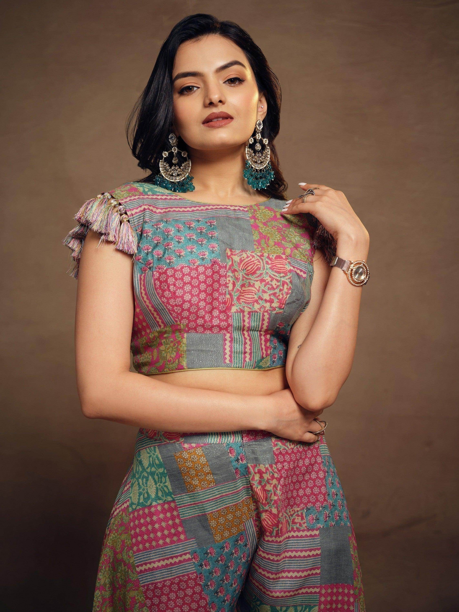 Ravishing Multi-Color Printed Muslin Silk Party Wear Crop Top Palazzo - Zeel Clothing