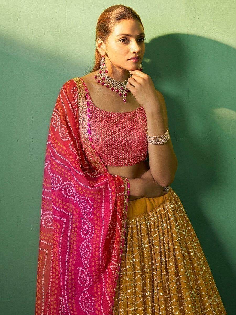 Ravishing Mustard Yellow Sequins Georgette Lehenga Choli With Dupatta - Zeel Clothing