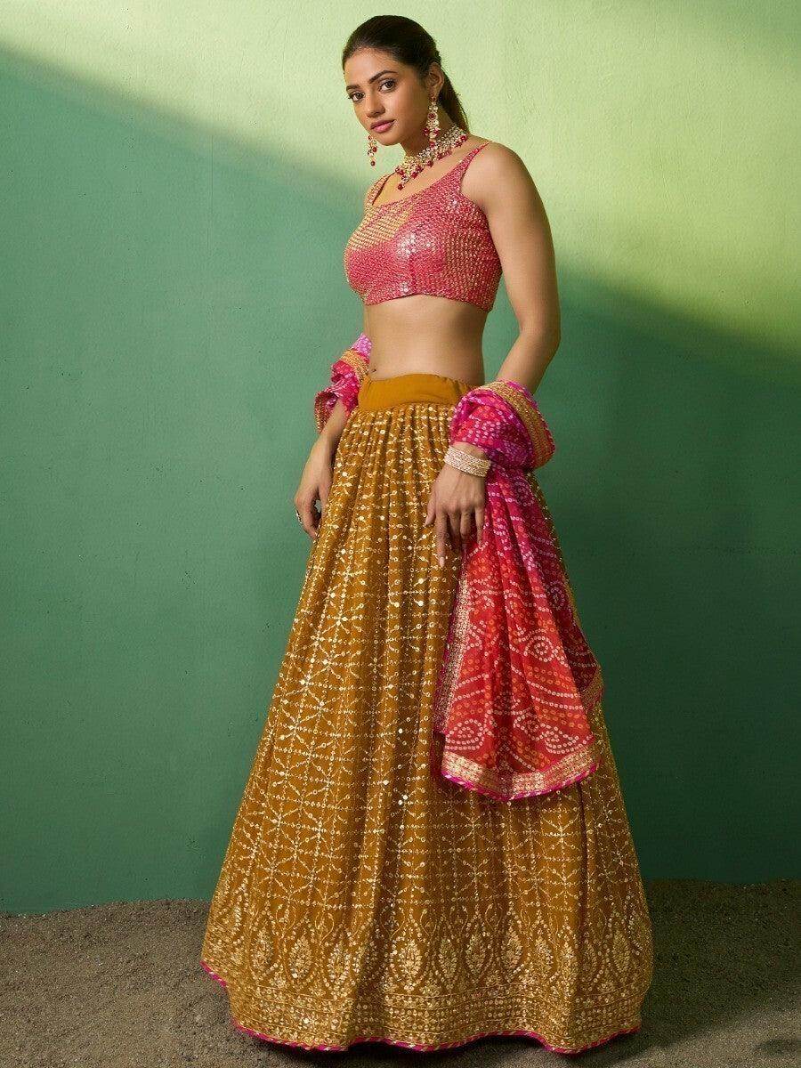 Ravishing Mustard Yellow Sequins Georgette Lehenga Choli With Dupatta - Zeel Clothing