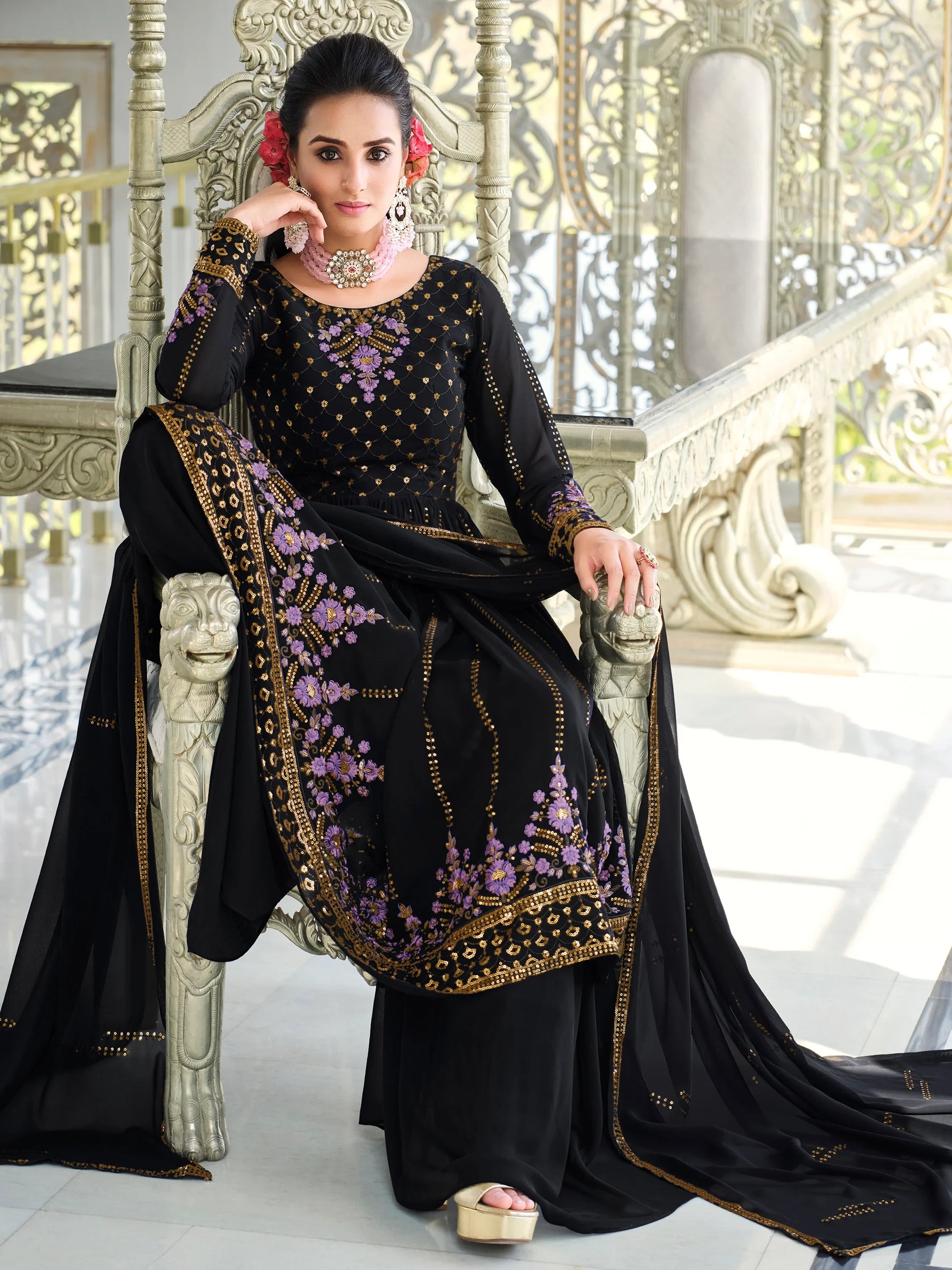 Ravishing Navy Blue Sequins Georgette Reception Wear Salwar Kameez - Zeel Clothing