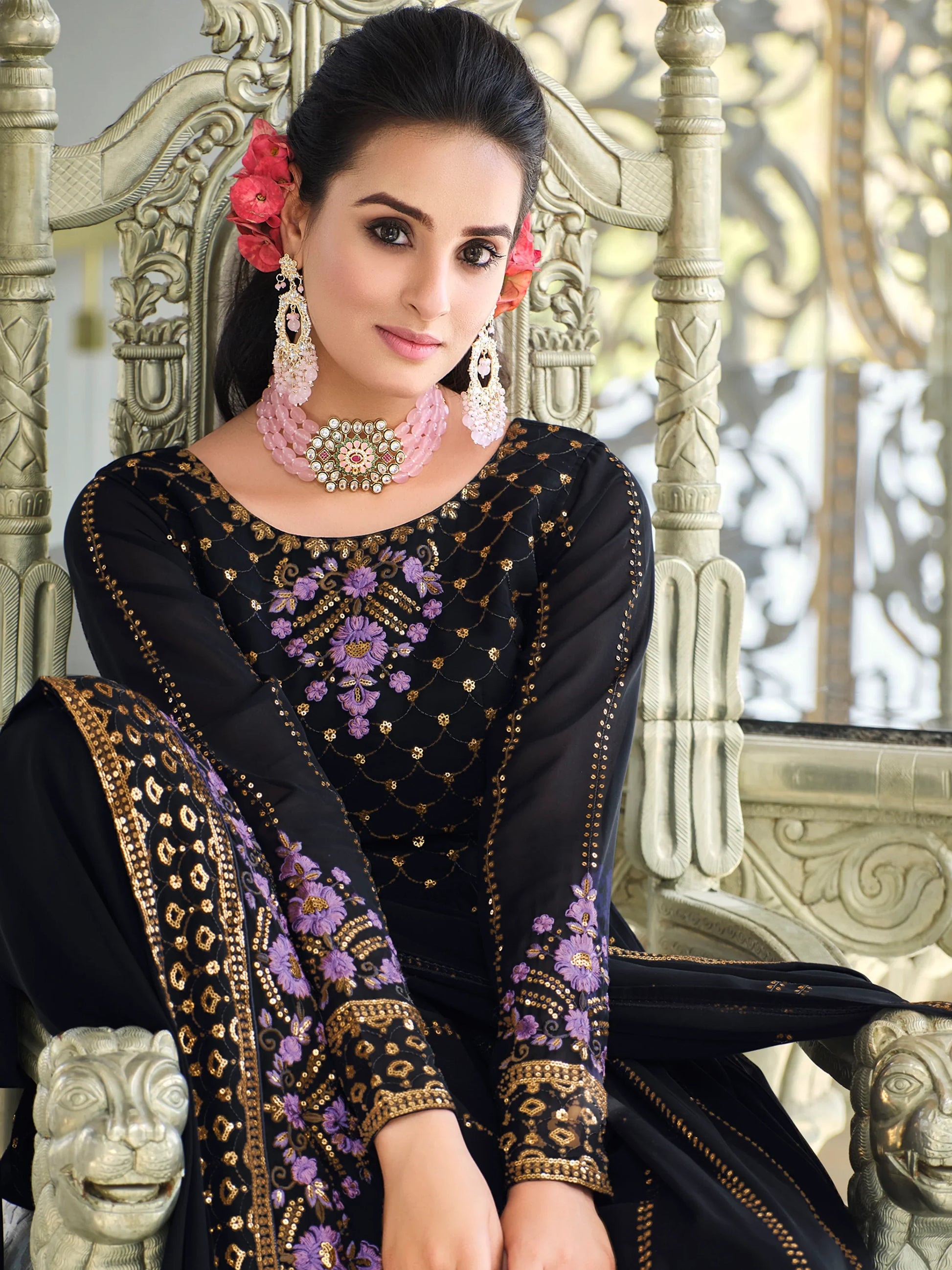 Ravishing Navy Blue Sequins Georgette Reception Wear Salwar Kameez - Zeel Clothing