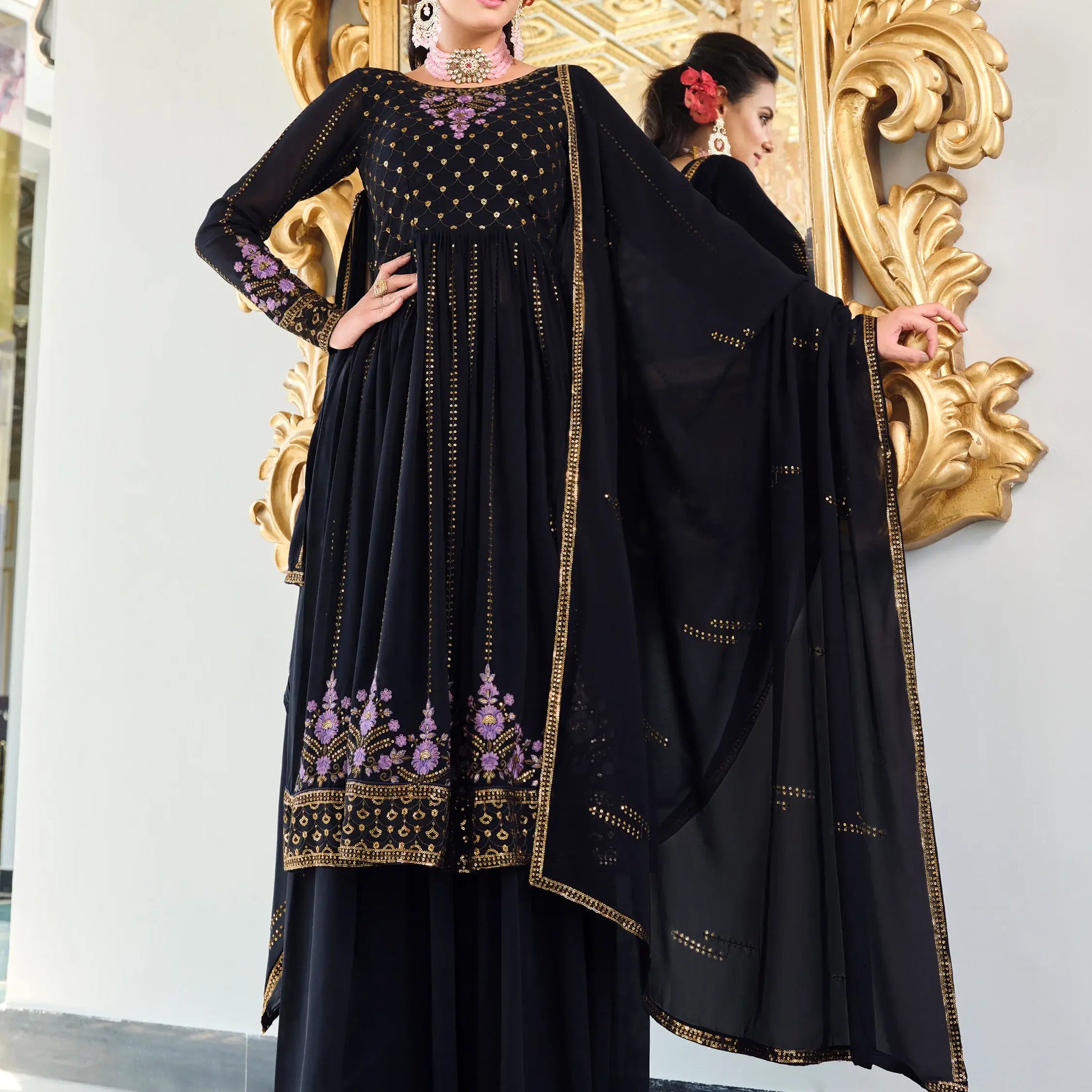 Ravishing Navy Blue Sequins Georgette Reception Wear Salwar Kameez - Zeel Clothing