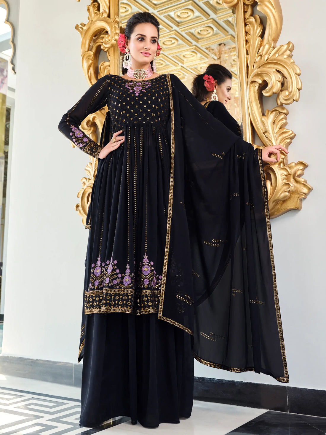 Ravishing Navy Blue Sequins Georgette Reception Wear Salwar Kameez - Zeel Clothing