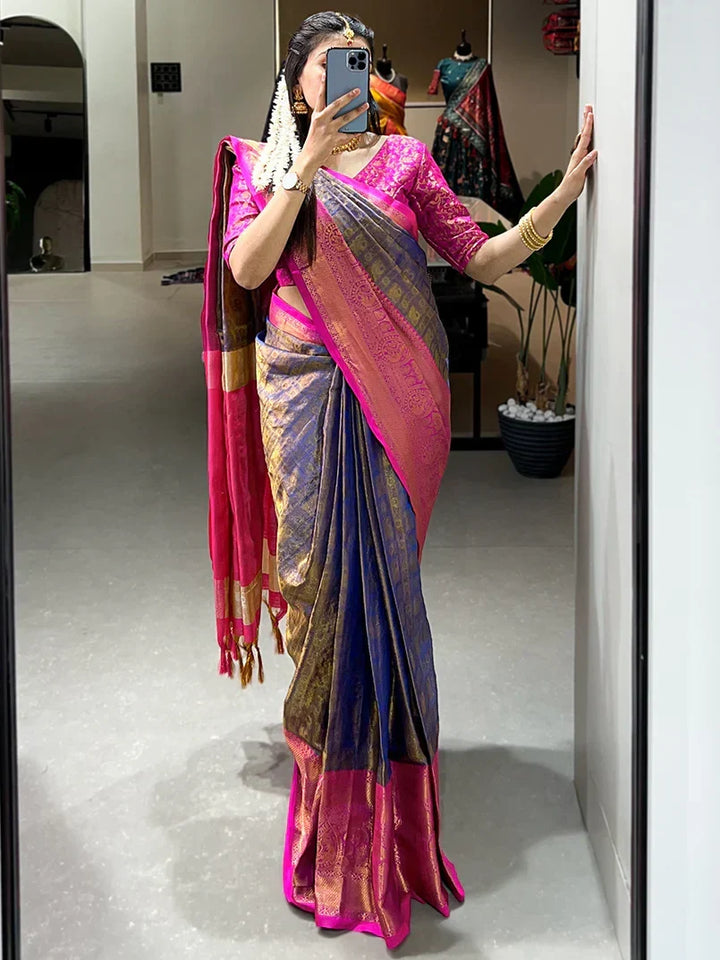 Ravishing Navy Blue Zari Weaving Kanjivaram Saree With Blouse - Zeel Clothing