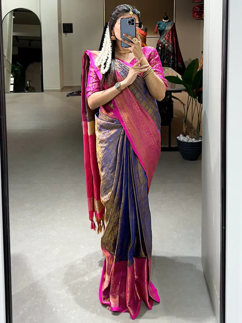 Ravishing Navy Blue Zari Weaving Kanjivaram Saree With Blouse - Zeel Clothing