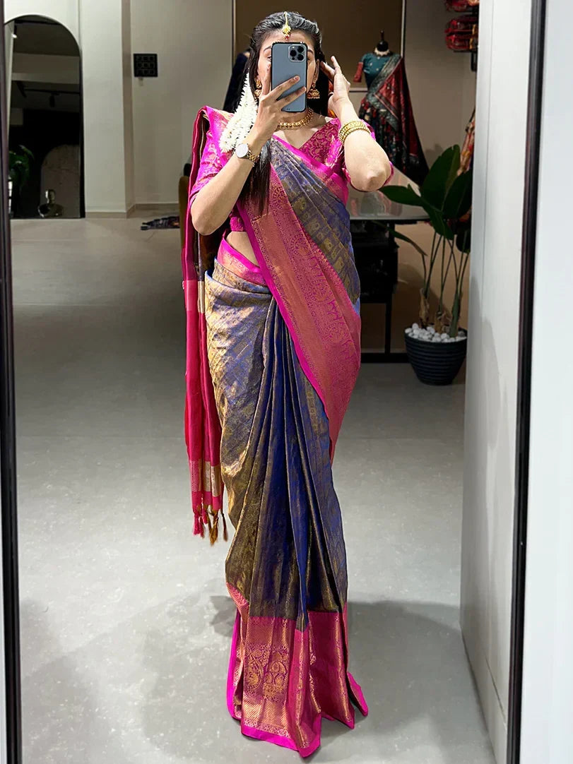 Ravishing Navy Blue Zari Weaving Kanjivaram Saree With Blouse - Zeel Clothing