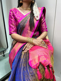 Ravishing Navy Blue Zari Weaving Kanjivaram Saree With Blouse - Zeel Clothing