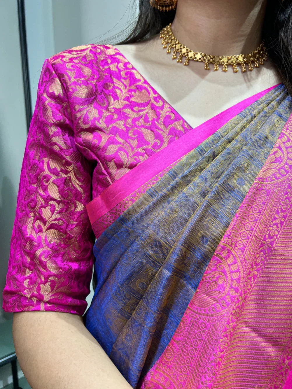 Ravishing Navy Blue Zari Weaving Kanjivaram Saree With Blouse - Zeel Clothing