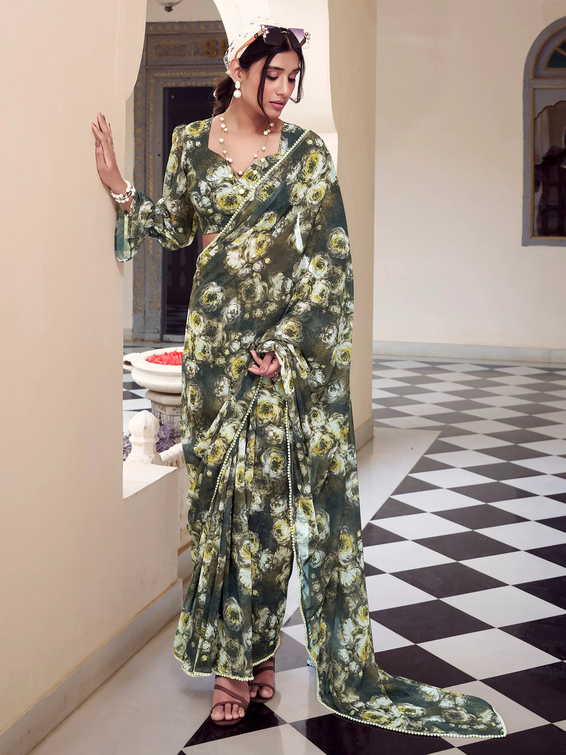 Ravishing Olive Green Floral Printed Georgette Saree With Blouse - Zeel Clothing