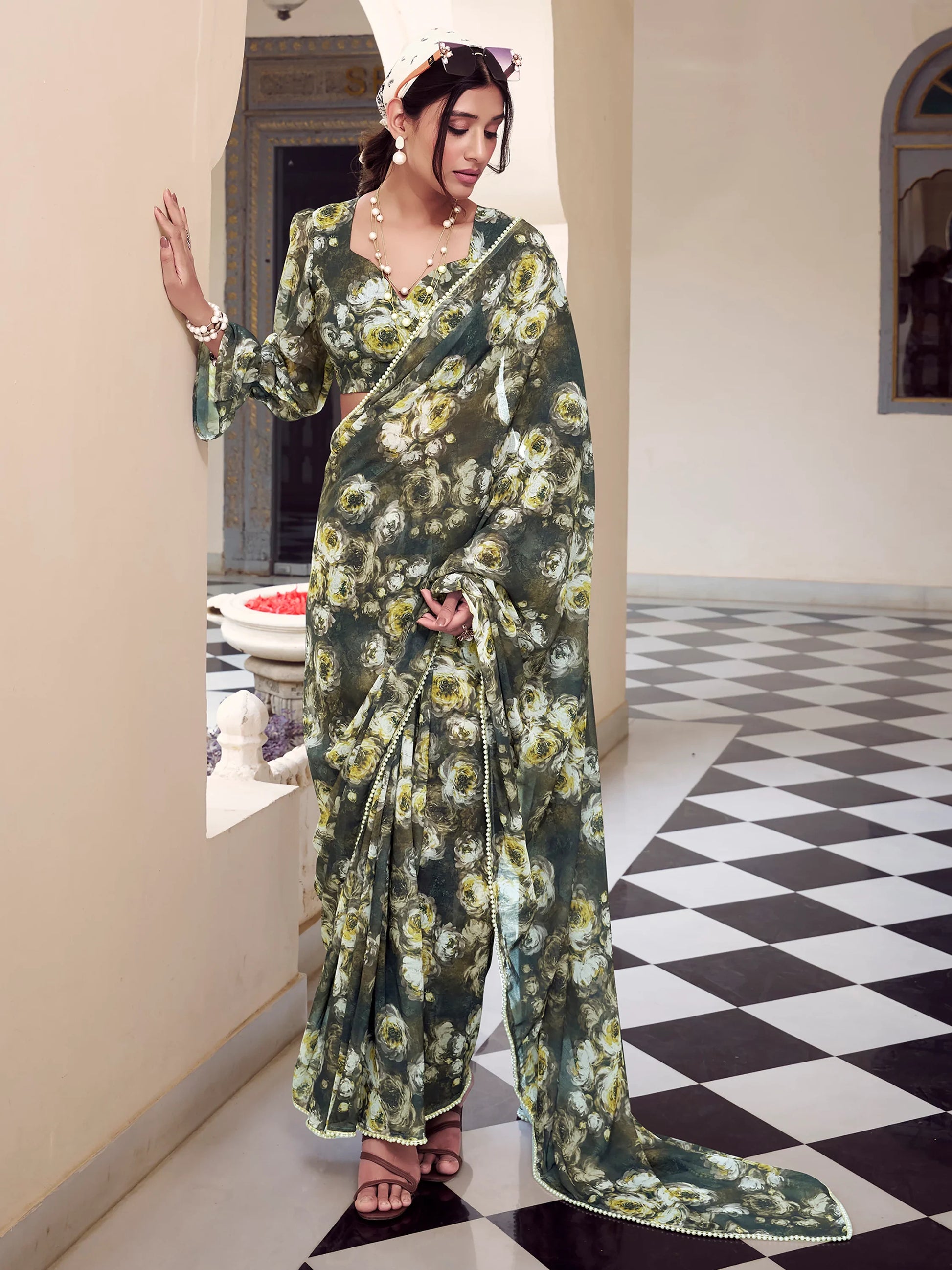 Ravishing Olive Green Floral Printed Georgette Saree With Blouse - Zeel Clothing