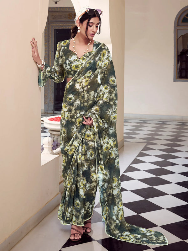 Ravishing Olive Green Floral Printed Georgette Saree With Blouse - Zeel Clothing
