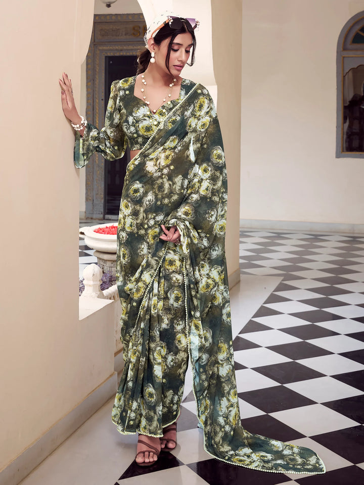 Ravishing Olive Green Floral Printed Georgette Saree With Blouse - Zeel Clothing