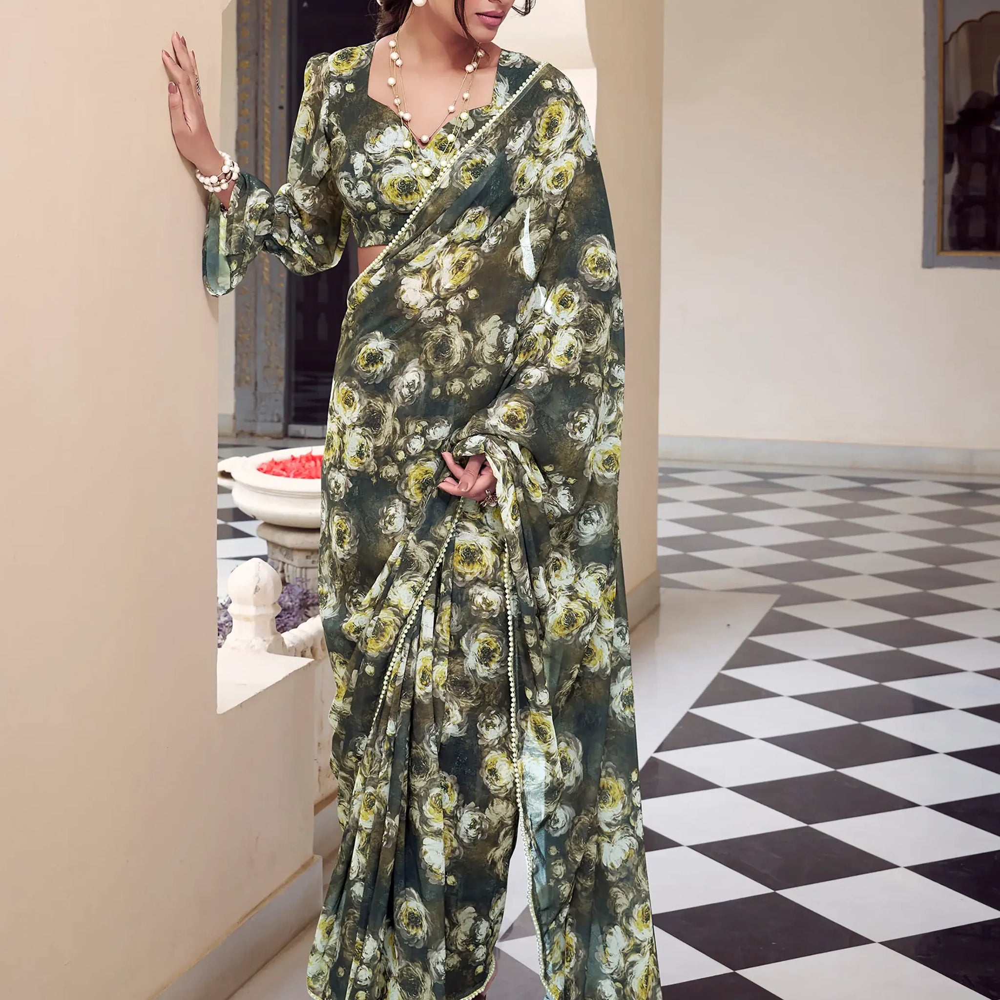 Ravishing Olive Green Floral Printed Georgette Saree With Blouse - Zeel Clothing